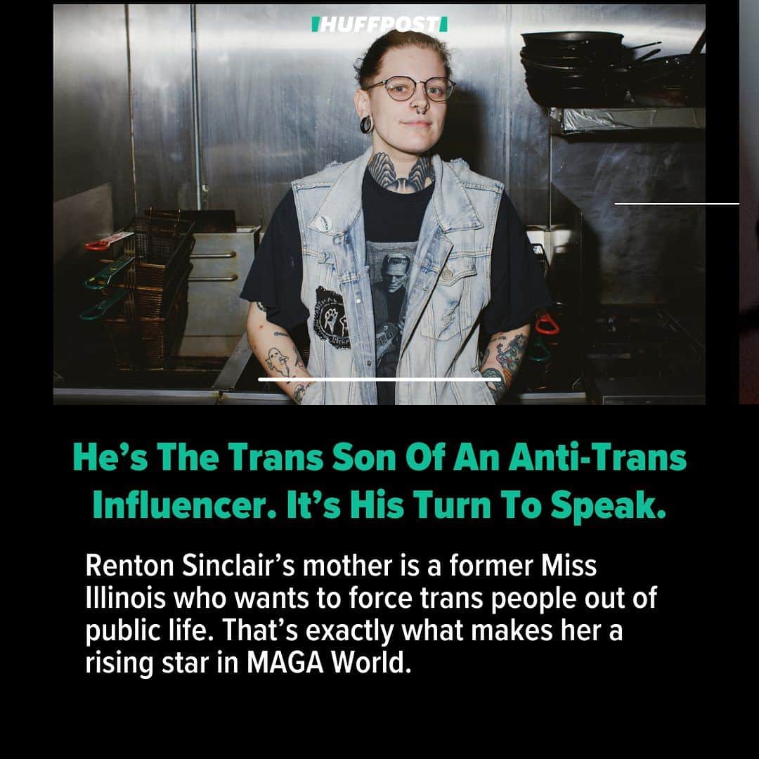 Huffington Postのインスタグラム：「When Renton Sinclair texted his mom to say that he was transgender, she summoned a curse on the testosterone he was taking.  “I actually went after the medicine, and I cursed it in the name of Jesus, and I said, ‘No, you’re not going to work. I don’t know if you’re going to make her sick or whatever, but she’s going to have to go off that medicine,’” Tania Joy Gibson recounted recently during an episode of her podcast, repeatedly misgendering her child.  Renton doesn’t talk to Tania anymore. But Tania is always talking about Renton these days, on podcasts and livestreams and stages across the country, from California to South Dakota to Pennsylvania. She often tells the story of how God appeared to her in a dream before her first child was born, telling her what to name her child, a name with Biblical origins.  Renton is not that name. Tania refuses to call her son that name. In fact, she refuses to call her son her son. “It’s demonic,” Tania said about the existence of transgender people. “My daughter is in there, my daughter who was born and prophesied over and given the name from God is in there, but the Devil has taken and twisted her mind…”  Renton has watched as his mom has started to speak from the same stages as famous right-wing figures — Eric Trump, Roger Stone, Michael Flynn and others — calling for laws that would force him to be everything he’s not.  And if Tania Joy Gibson is going to keep giving speeches about him, then maybe it’s time for Renton Sinclair to speak up about her.  Read the full story at our link in bio. // 📷: Chase Castor/ Rumble/ Facebook // 🖊️: Christopher Mathias // 🎨: Chris McGonigal」