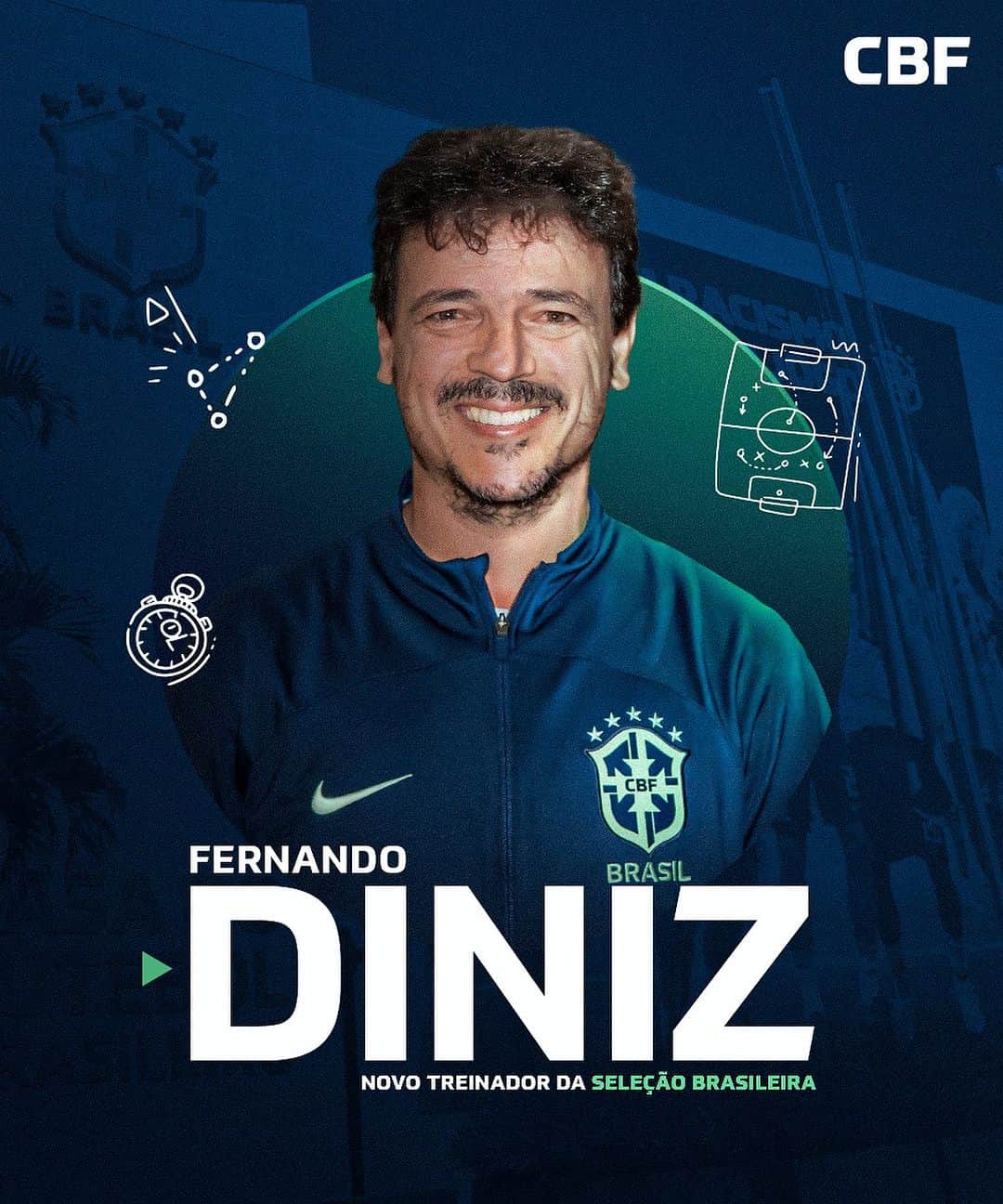 のインスタグラム：「BEM-VINDO, DINIZ!🇧🇷  Fernando Diniz foi apresentado nesta terça como o novo treinador da #SeleçãoMasculina.  Ele assinou contrato de um ano e faz a sua estreia nas Eliminatórias para a Copa do Mundo de 2026, em setembro.  Boa sorte no comando da Amarelinha!💚💛」
