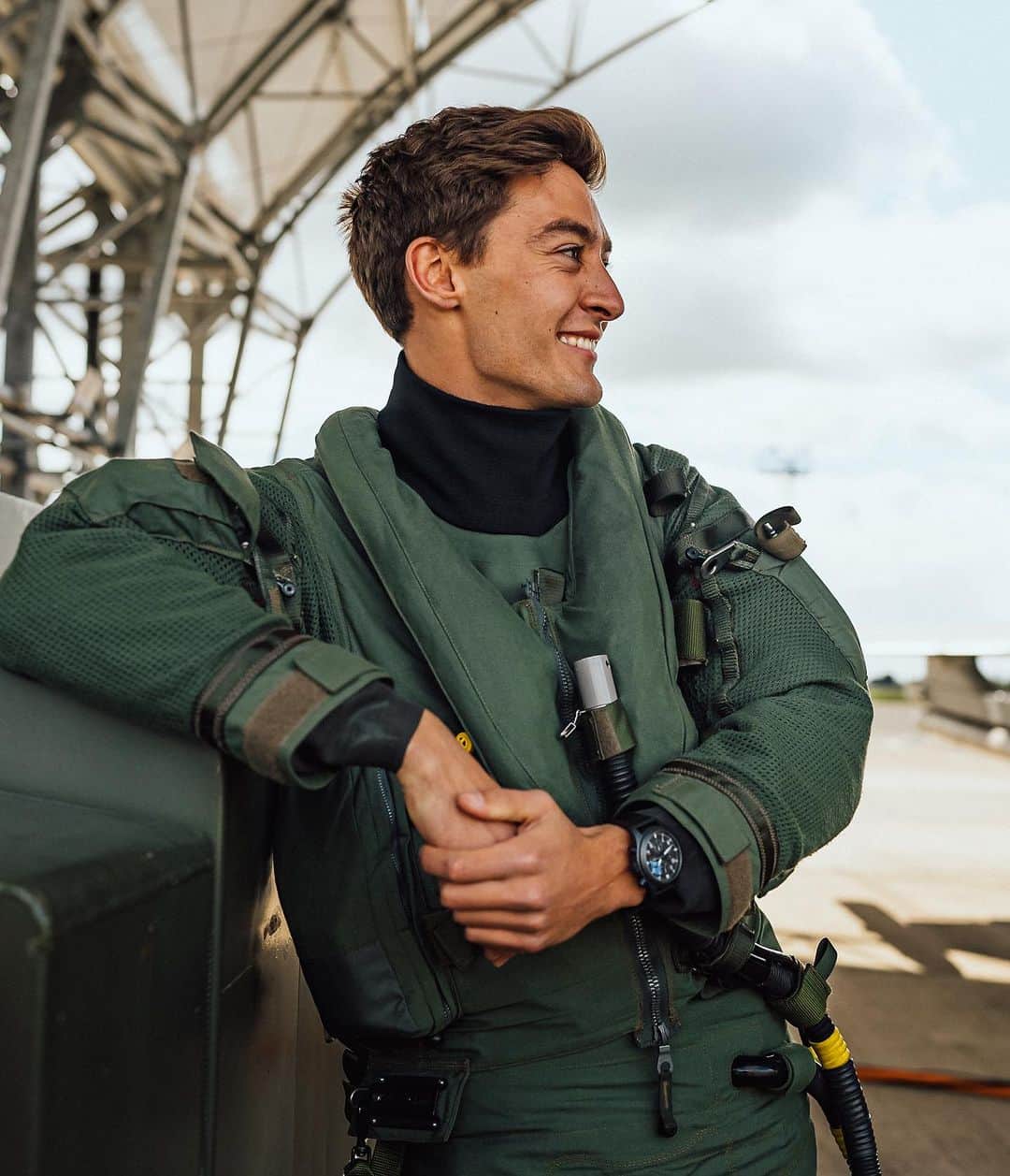 IWCのインスタグラム：「Good luck this weekend to @georgerussell63 seen wearing the Pilot’s Watch Double Chronograph TOP GUN Ceratanium®️on a very special day.  #IWCpilot I #TheReference」
