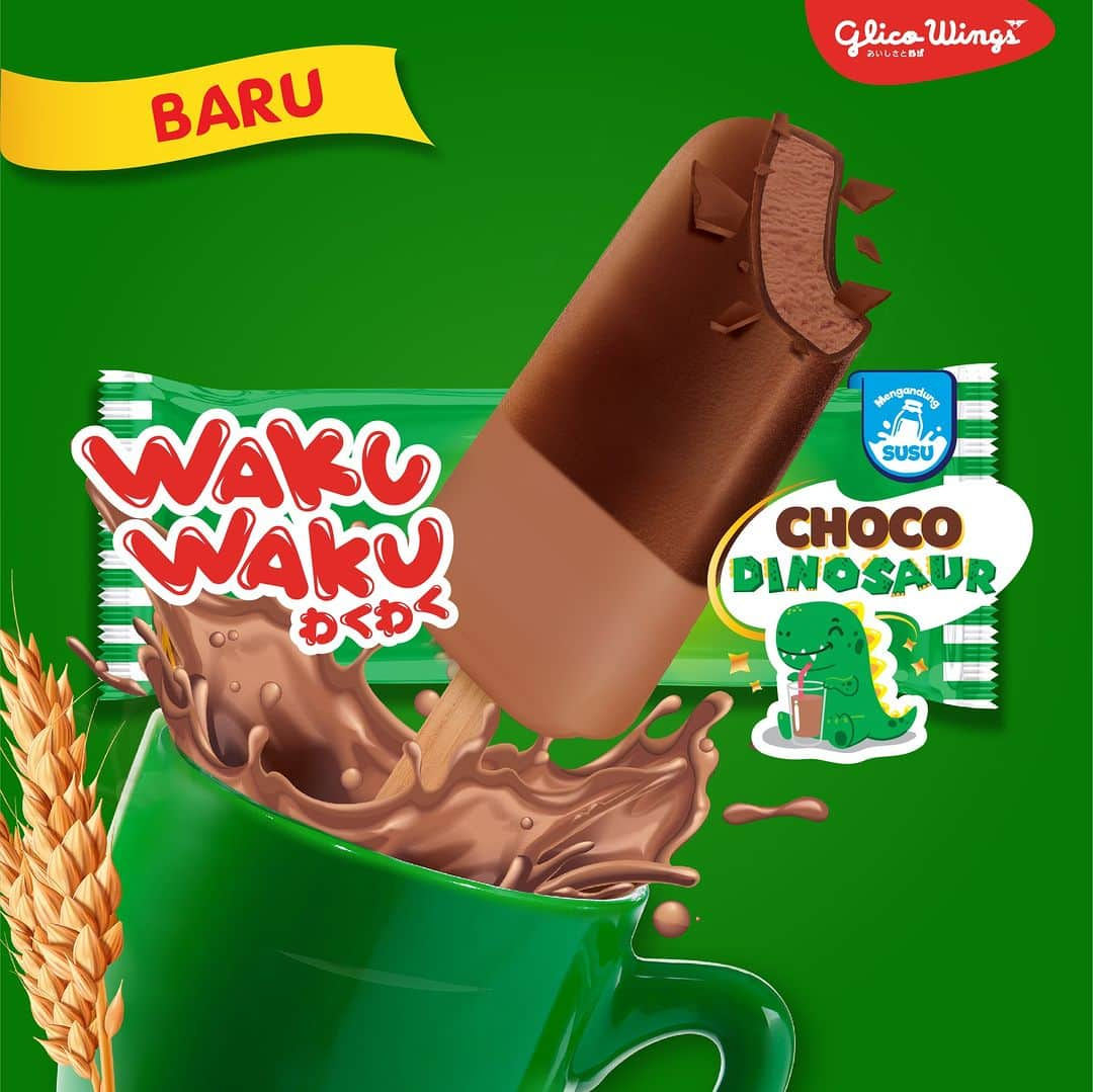 Glico Wingsのインスタグラム：「BARU! Waku Waku Choco Dinosaur  Lezatnya es krim Jepang susu cokelat yang lembut dengan lapisan cokelat krispi.  Kress… Kress.. Rasa cokelatnya lezat banget! Selezat susu cokelat favoritmu!  Double cokelatnya, double enaknya!  Dapatkan segera di toko gerai Glico Wings terdekat.  #WakuWaku #WakuWakuChocoDinosaur #GlicoWings #EsKrimJepang」