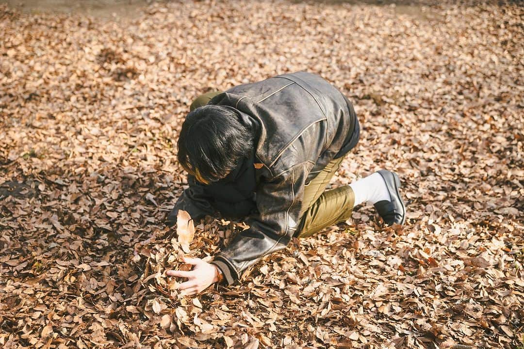 のインスタグラム：「230124 代々木公園 ツアーのポスター用の写真お願いした時の。撮影終わった後枯葉投げて撮るやつやってみたいって言われてやったけどなかなかうまくいかなくて、盛って50回位やってあげた俺は多分結構いいヤツ。」