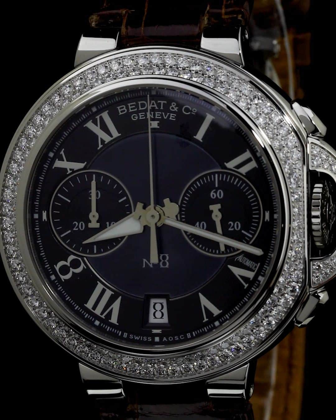 ベダ&カンパニーのインスタグラム：「Bedat & Cº ref 830, an automatic chronograph model that artfully combines sporty dynamism with timeless sophistication.  Meticulously crafted to grace the wrists of discerning ladies, this exquisite timepiece exudes an air of luxury and elegance. The mesmerizing diamonds add an irresistible touch of glamour.  Experience the perfect fusion of mixing engineering and beauty for women of character. #bedatandco #womenofcharacter #diamondwatches #swisswatches #womenwatches #chronographwatch #womenandwatches #watchesandwomen #watchforwomen #watches #elegantwatch #bedat」