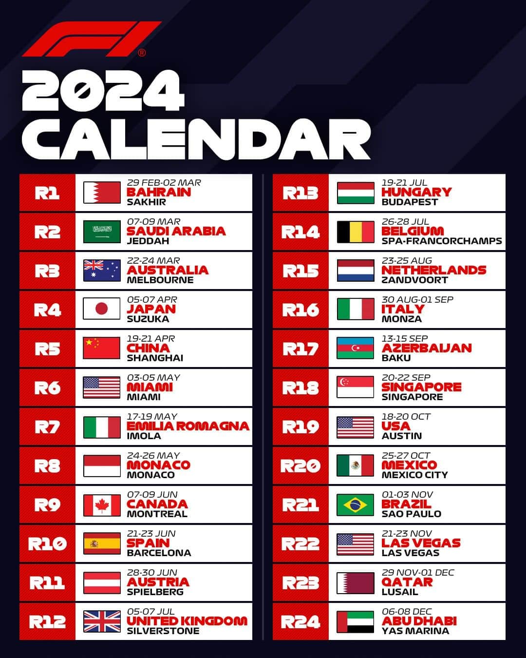 F1のインスタグラム：「24 races in 2024! 🌎  Introducing next year’s Formula 1 calendar 🗓  #F1 #Formula1」