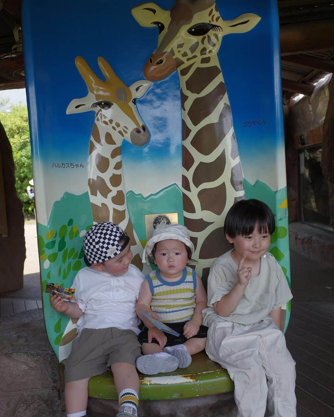 北岡りえのインスタグラム：「可愛いみんなと夏日和のお出かけに。楽しみにしていた動物園デビュー🦁  自分にとっても懐かしい場所に来てる不思議な感覚と、子供たちのやりとりがたまらなく可愛い一日🫶🏻  太陽燦々と浴びてちょっぴり日焼けしたぜんぜん😎 歩くようになってはじめての夏は(去年はバウンサーでずっと揺れてた🐻‍❄️) 経験と思い出少しずつ増えたら嬉しいな〜🌈  #動物園デビュー  #天王寺動物園  #1y4m」