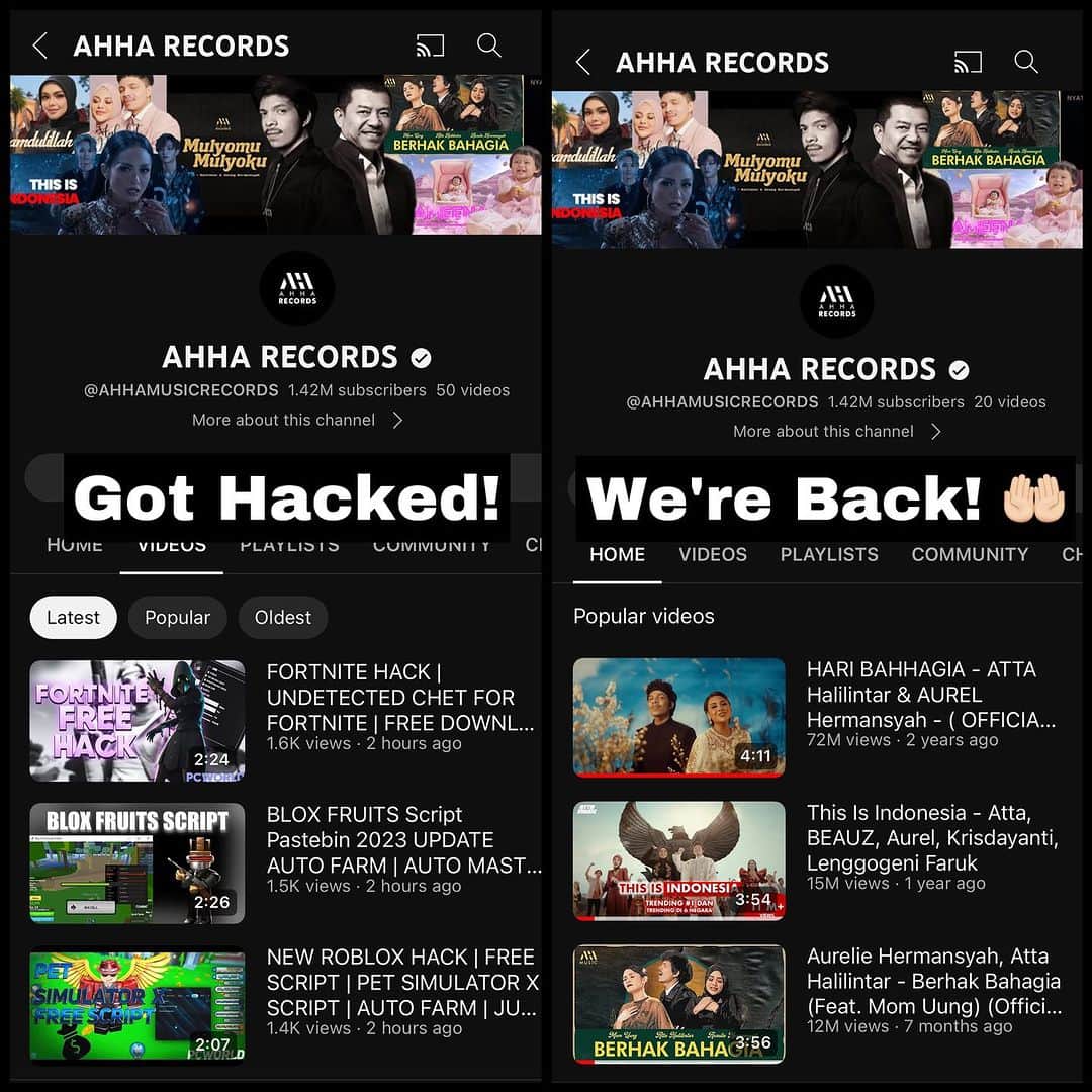 Aurelのインスタグラム：「Youtube AHHA RECORD di HACK. @ahharecords  hacker mengupload 30 video mohon jangan percaya apapun. Alhamdulillah Kami kembali setelah satu minggu bantuan dari Ingrove dan Tim youtube Terima kasih 🙏🏻」