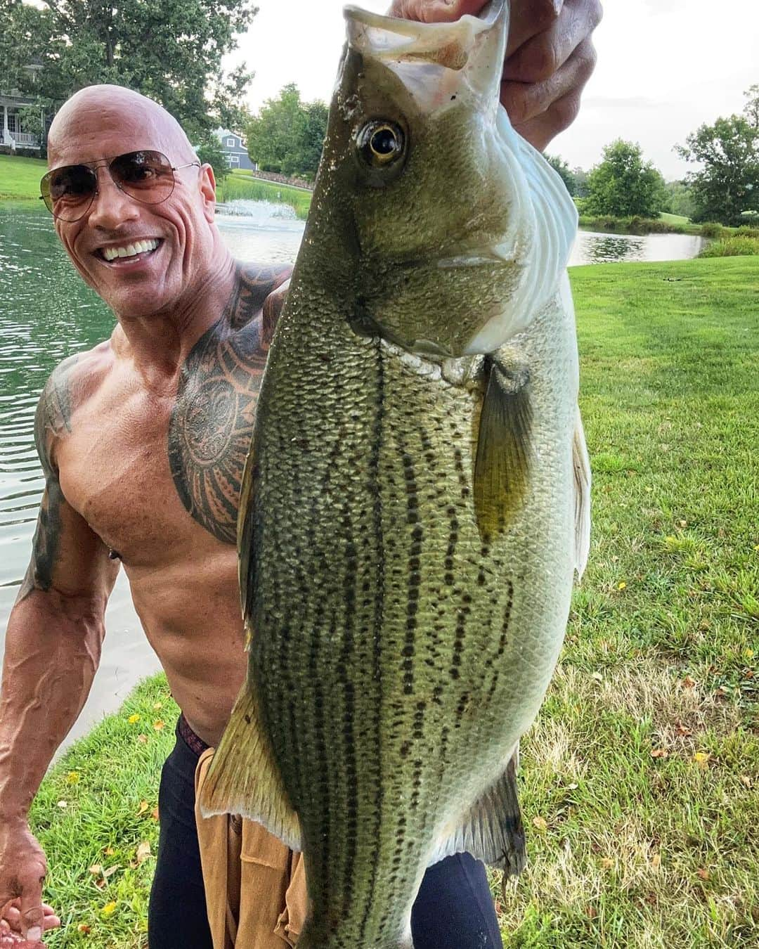 ドウェイン・ジョンソンさんのインスタグラム写真 - (ドウェイン・ジョンソンInstagram)「Nice one 👍🏾 🎣  A lil’ over 17lbs (new personal record)  U fellow anglers out there know the super aggressive power of hybrid stripers, so this was a fun catch on light tackle.  #summerstripers #manafarms」7月6日 2時59分 - therock