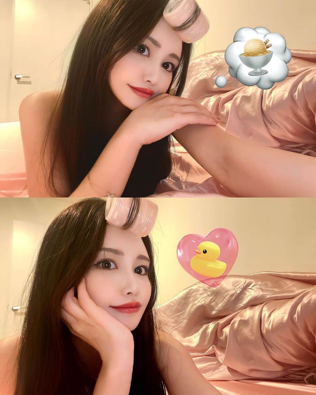 餃子のりさちゃんのインスタグラム：「はぁ…。 あいすたべたいなぁ。(”・↣・)っ🥄🍨 うーばーいーつしようかなぁ でも お風呂入らなきゃなぁ🐤🐤🐤...♪*ﾟ あー、インスタ更新しなきゃと思いながら撮った写真。  どうかしら？( 'ᵕ' و(و ♪‪( 'o' و(و ♪‪  このあとちゃんとスチーマーで お化粧落として1時間半身浴したよ🛀🫧🪞  スチーマー、くそめんどくさいけど ほんとにお肌きれいになるから がんばらなきゃね…👶🏻🍼🍼🍼🍼   #スチーマー  #前髪アレンジ   #前髪巻き方   #ワンホンヘア   #ワンホンメイク」