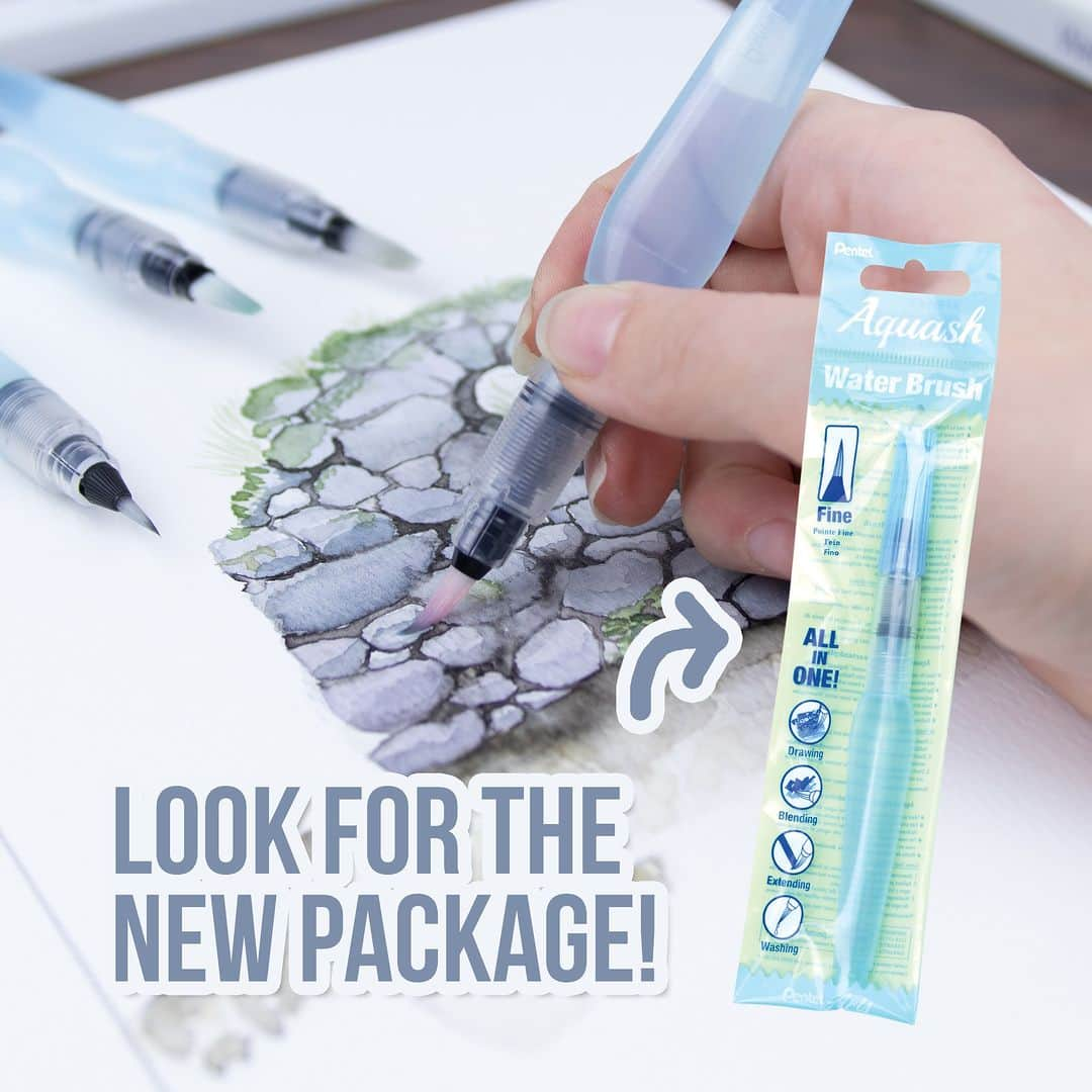 Pentel Canadaのインスタグラム：「Our popular Aquash Water Brush has a new package! Be sure to look for the blue pouch when searching for them in stores across Canada.   Aquash has an easy-to-squeeze barrel and unique valve system allows you to control the flow. Fill with water, dye or ink. Pentel Canada carries four different brush types of Aquash. Fine, Medium, Bold and a Medium Flat Brush.」