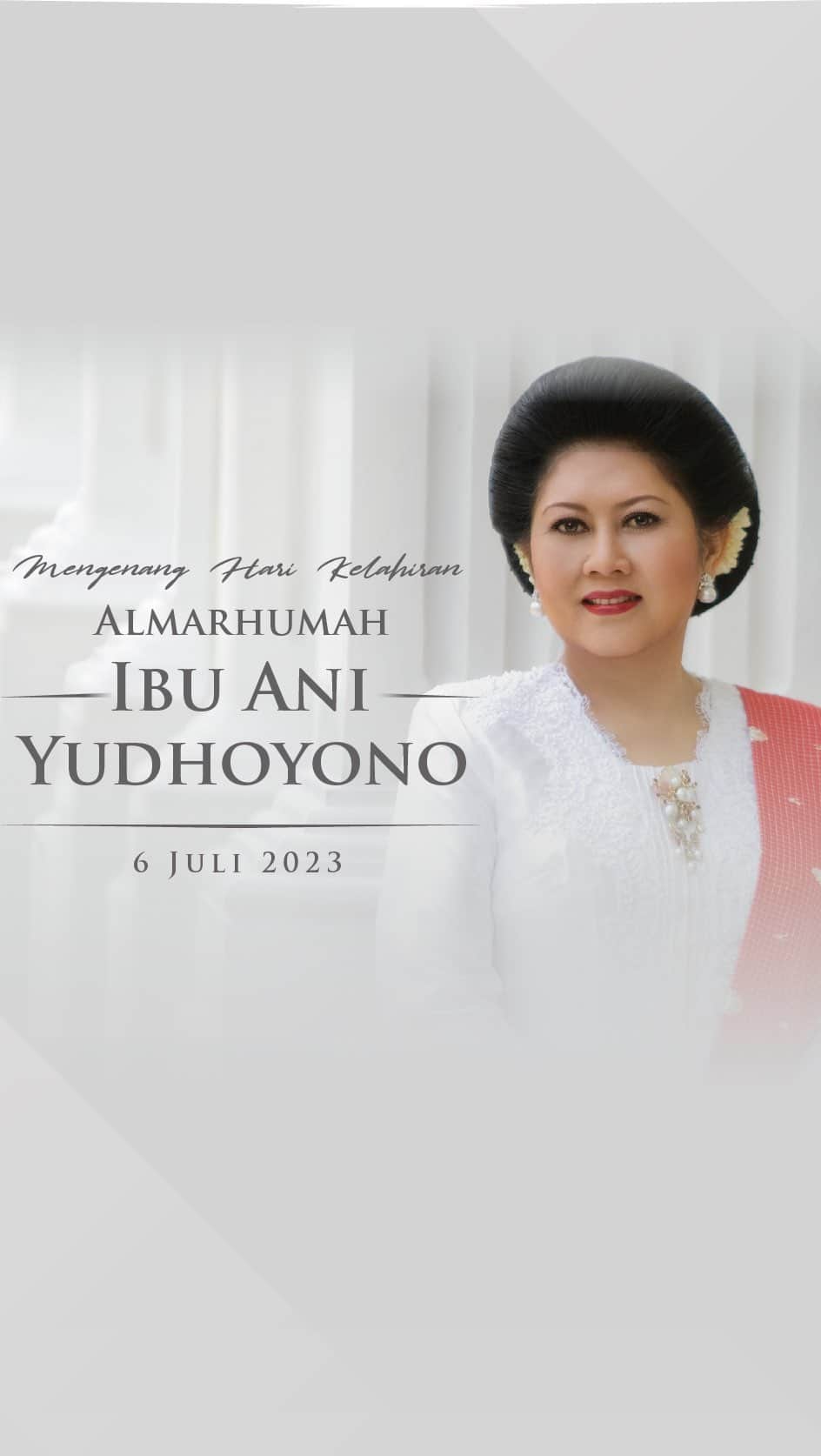 アニ・ユドヨノのインスタグラム：「Hari ini, 6 Juli 2023, adalah hari lahir ibu kami tercinta, Hj. Kristiani Herrawati atau yang akrab dipanggil Ani Yudhoyono. Ibu adalah sosok yang sabar, tangguh, penuh kasih sayang dan selalu menginspirasi keluarganya.   Tidak hanya itu, beliau pun mencurahkan hati dan pikirannya untuk masyarakat Indonesia. Selama 10 tahun, Ibu Ani setia mendampingi Presiden SBY dalam bertugas, serta berkiprah menjadi Ibu Negara yang penuh kasih sayang dan inspirasi bagi masyarakat Indonesia.   Semoga Almarhumah Ibu Ani tenang dan bahagia di sisi Allah SWT, dan semoga keteladanan, pemikiran dan legacy beliau dapat terus hidup.  Al Fatihah.」
