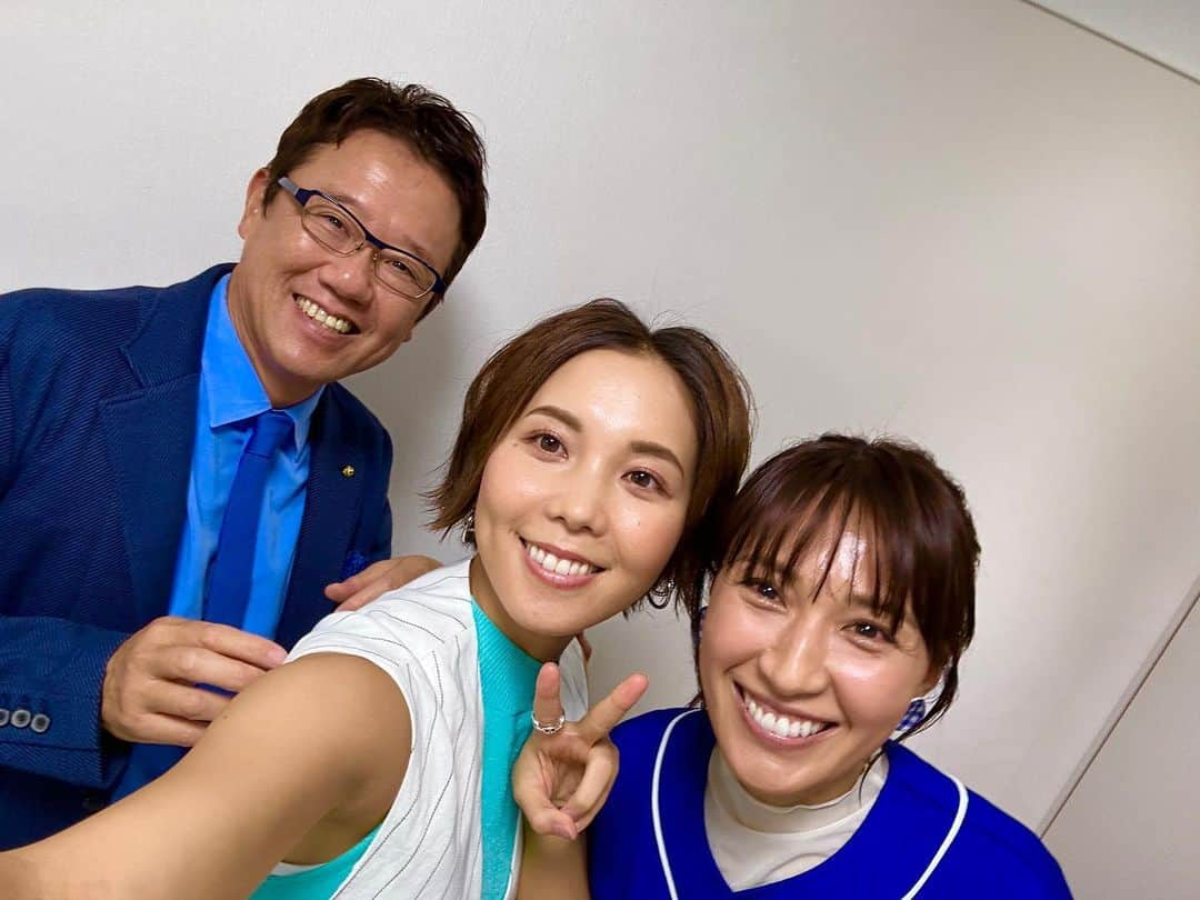 ヒロド歩美のインスタグラム：「サンデーLIVE‼︎の香りに導かれて楽屋に行きました😁 古田さんと美和さん⚾️ブルーコーデがリンクしています👏 そしたら楽屋廊下からタイガースの香りもしたので行ってみるとアントニーさん🐯 この日の古田さんは朝から立て続けにテレビ朝日でお仕事！夜はAbema出演後に報道ステーションスタジオに現れる‼️仁王立ちしているのが古田さん🤣気分は保護者参観日です🤣いつもと違う緊張感があったのは内緒🤫  嵐のように去っていきました。」