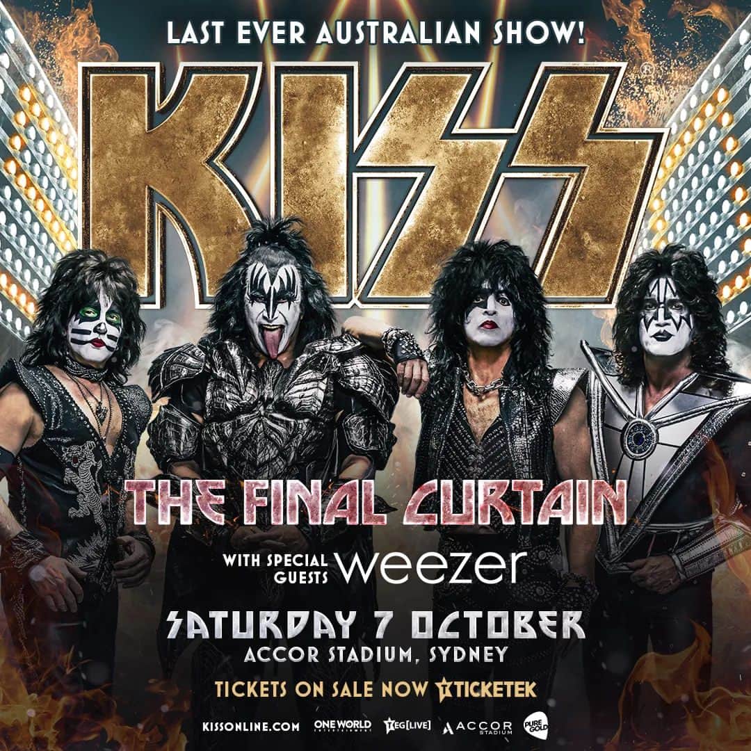 KISSのインスタグラム：「#KISSARMY #AUSTRALIA! Our final show down under is set for October 7 at Sydney’s Accor Stadium. We're saying goodbye the only way we know how… with the Full KISS Spectacle!  Will we see you there? Get your tickets from Ticketek Australia.」