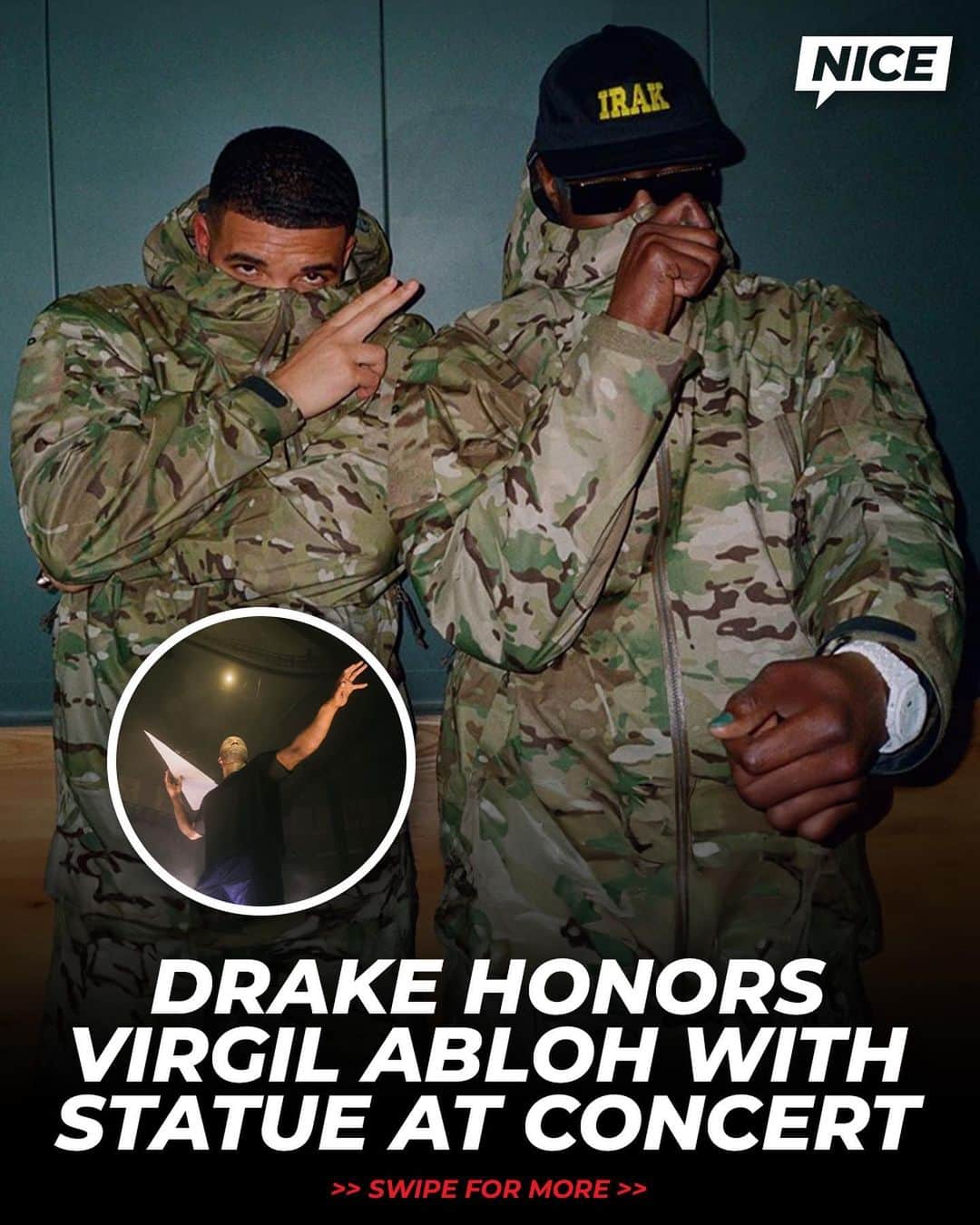 Nice Kicksさんのインスタグラム写真 - (Nice KicksInstagram)「Drake honored Virgil Abloh with a statue at his #ItsAllABlur concert in Chicago ✨  The statue references an image from Virgil’s first Louis Vuitton fashion show in 2018 which @champagnepapi also has tattooed on him.  🎥: directedxcarlos/TikTok」7月6日 12時20分 - nicekicks