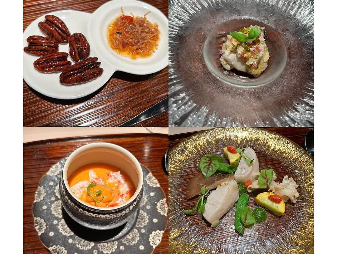 朝桐光さんのインスタグラム写真 - (朝桐光Instagram)「⭐️銀座嘉禅⭐️  厳選した食材を使った簗田シェフおまかせのコースとお料理にあわせたワインペアリングをいただいてきました✨  お店の雰囲気はとっても高級感があって素敵✨  まずはシャンパンで乾杯っ！  最初に出てきたナッツの飴炊きが美味しすぎて美味しすぎて🎶 お店で売ってるとのことだったので買っちゃったよね👍✨  料理が待ち遠しくてワクワク🎶  1品目　 柔らかいつぶ貝とクラゲをサッパリと✨  2品目 雲丹と貝柱の茶碗蒸し✨ タラバカニと内子のソースって美味しいに決まってる❤️ 途中で蟹酢を少し入れて味変✨ 茶碗蒸しって言っていいのか！！ってくらい美味しかった🤤  3品目 ホタテと夏野菜の炒め✨ 春菊のソースにホタテをつけて、、、 美味しいー❤️ 夏野菜もきのこも美味しくて全部が主役🎶  4品目 はい！きましたぁー フカヒレ❤️  最後の動画をみてくださいっ！！  今見返してもよだれが出そう🤤  おっきなフカヒレにトリュフをたっぷりかけてくれるの❤️  トリュフ好きにはたまらない✨  フカヒレだけでも贅沢なのにトリュフのかかったソースと合わさったら美味しすぎて❤️  5品目 廣東式ダック✨ 北京ぢゃないんだって🎶  まずは皮がついたお肉を✨  たっぷりソースにつけて、、、  ジューシーで美味しい❤️  次に巻き巻きした廣東ダックを、、、  皮がパリッと甘いタレとあわさって美味しいーっ❤️  私大好きー❤️🥰❤️  おかわりしたかった、、、笑  6品目 ハタのさっと蒸し✨ サッパリなフィッシュソース お腹いっぱいになってきたのにリセットされた😋  7品目 坦々麺✨ 桜海老が入っててすごいいい香り🎶 細麺にクリーミーなソースがからまって最高❤️ ペロリ😋  最後はデザート  マンゴープリンにカスタード入り饅頭✨  お饅頭の中にアツアツとろーりカスタード✨ 食べたことない感じで美味しい✨ マンゴープリンはマンゴーが沢山のっててサッパリ🎶  ペアリングで出していただいたワインもどれも料理に合って美味しかったよ✨  最高すぎるディナーでした🥰  自分へのご褒美、デート、お友達と、お仕事で、、、 どんなシチュエーションにも使える最高なお店だと思います👍✨  またいこーっと🎶🎶🎶  PR@ginza_kazen  #銀座グルメ #銀座中華料理 #銀座中華 #銀座ワイン #銀座ワインペアリング #ワインペアリング #銀座ディナー」7月6日 21時56分 - akari_asagiri