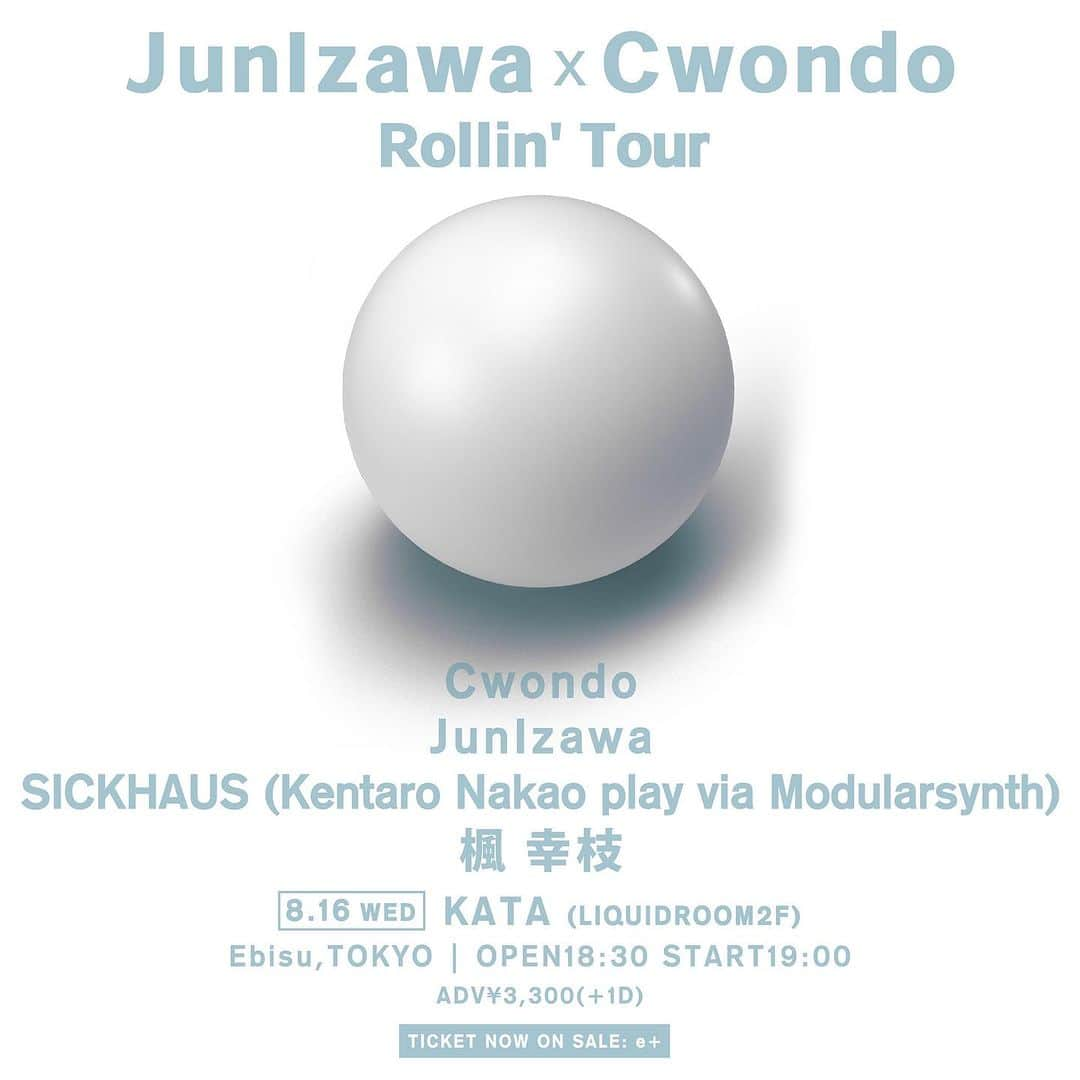 井澤惇のインスタグラム：「東京は、バンドマンが行うソロライブのイベントになります！！ けんたろうさん、楓さん、Cwondoと僕の4マンは無茶苦茶新しいと思います！！是非〜！  『Cwondo × JunIzawa Rollin'tour』  8/16(水)  KATA (LIQUIDROOM2F) OPEN18:30 START19:00 ADV¥3,300(1ドリンク代別)  出演:Cwondo / JunIzawa / 中尾憲太郎 / 楓 幸枝  チケット:イープラス ■購入ページURL https://eplus.jp/sf/detail/3905180001-P0030001  チケット一般発売開始:7/7(金)19:00~」