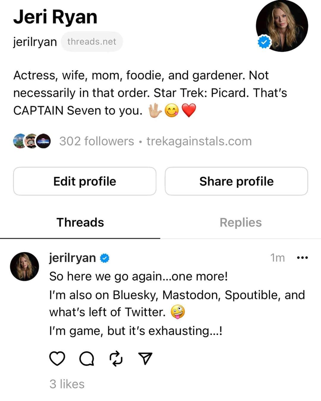 ジェリー・ライアンのインスタグラム：「Ooooookay…let’s see what this Threads thing is all about…!」