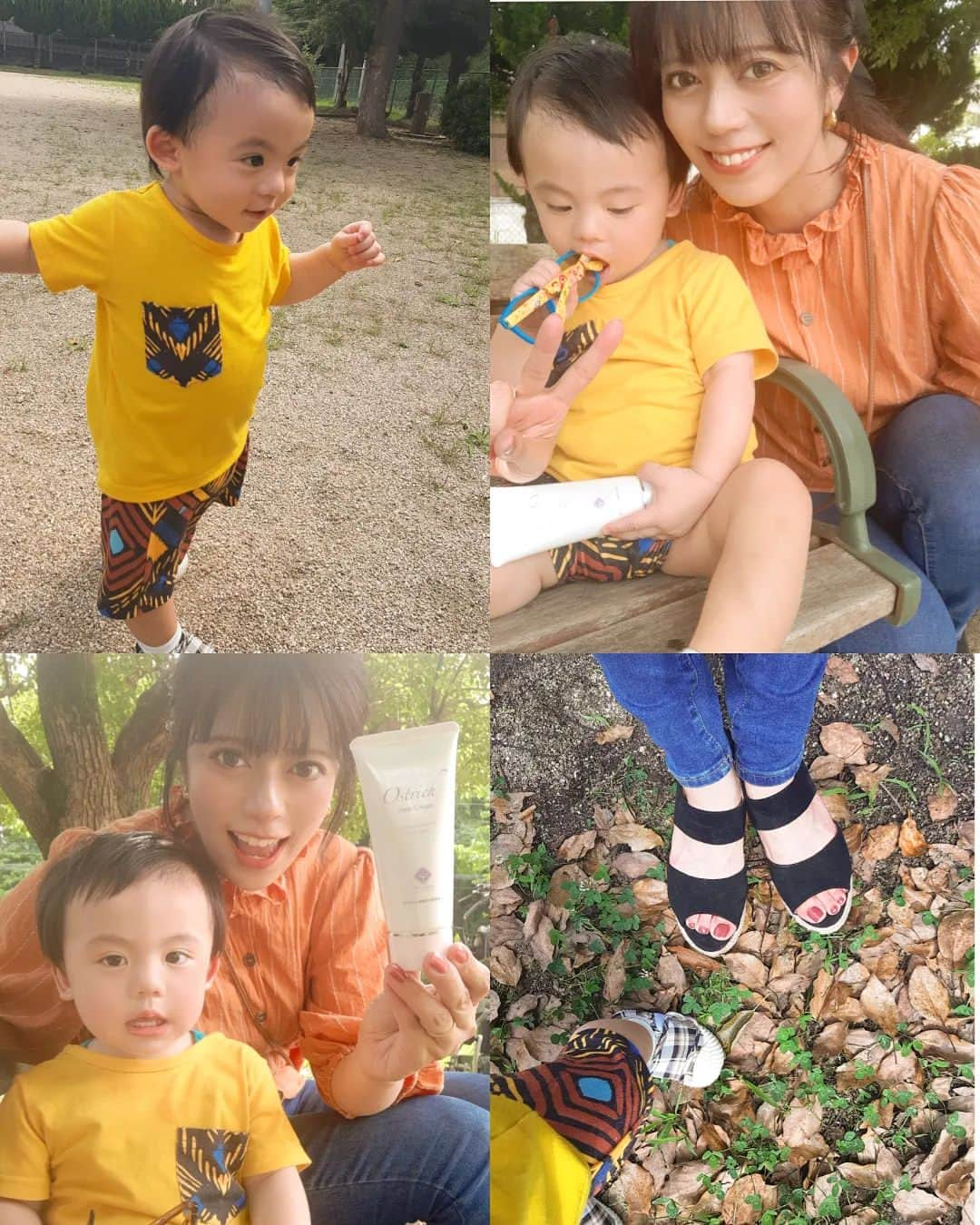 友利愛美のインスタグラム：「♥👣👩‍👦👣♥  たいちゃんと公園遊びしてきた〜♥  もうすっかり暑いよねぇ〜！いい汗かいたー🥰  たいちゃんの小さい足と私の足を写真とってみたよ☺️☺️  もうすっかりママはサンダルの季節！！  かかとケアにぴったりのクリーム♥  オーストリッチオイル（ダチョウ油）配合のかかとケアクリーム〜👏  オーストリッチオイルはヒトの体温よりも融点が低く、皮脂成分に非常に近いため、肌によくなじみべたつかなーーい🙆  いい香りだしかかかとも柔らかくすべふべになってうるおう〜🤗  🌼年齢とともに減少する「パルミトレイン酸」 🌻マイナスイオンを直接増やし、 肌を潤いし続ける「プラチナナノコロイド」 🌼美肌の特効薬”ともいわれる成分「オレイン酸」 🌻肌ダメージをいたわる「リノレン酸」 🌼肌を守る「リノール酸」 🌻天然保湿成分である「尿素」  たっぷり入ってるよー！うれしーーい！！！ これでサンダルも怖くない♥  さぁ、帰ってきたのでカレー作ります♥  PR @misato_ostrich_products  #オーストリッチかかとケアクリーム #かかとケア #足裏ケア #ツルツルかかと #ケアグッズ　 #オーストリッチオイル #保湿力 #美里オーストリッチファーム#男の子ママ#男の子ベビー#公園遊び#サンダル#ママコーデ」