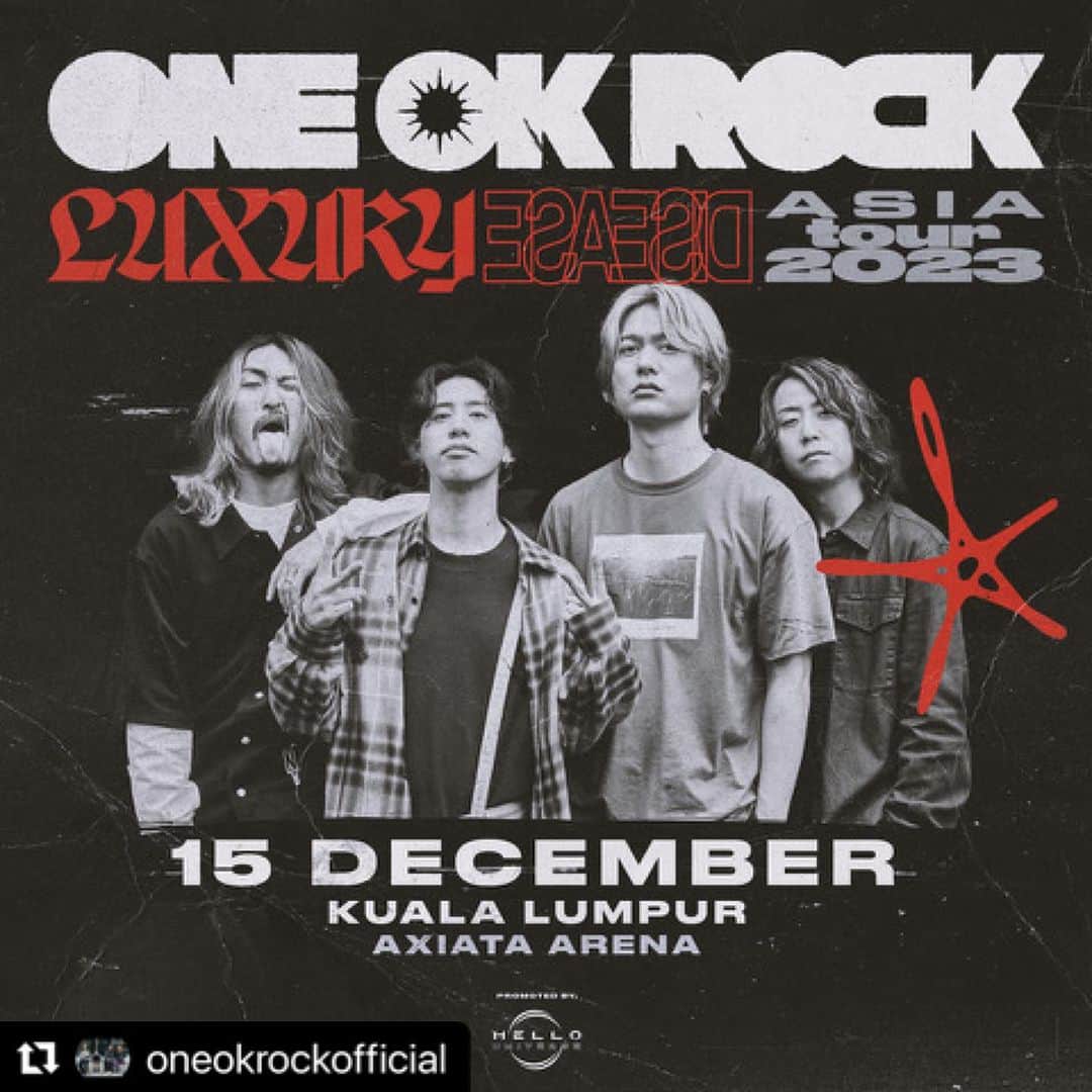 ONE OK ROCK WORLDのインスタグラム：「- #Repost @oneokrockofficial  ・・・ All our fans in Malaysia are you ready?! Kuala Lumpur has been added to our Luxury Disease Asia Tour on December 15th at Axiata Arena!  Details : www.oneokrock.com/en/tour/  #ONEOKROCK #LuxuryDisease #tour  -  2023年12月15日(金)  マレーシア・クアラルンプール　Axiata Arena  さらに追加公演が決定すれば、追って発信されると思います。  -  #oneokrockofficial #10969taka #toru_10969 #tomo_10969 #ryota_0809 #fueledbyramen #luxurydisease #LuxuryDiseaseAsiaTour2023 #開催決定 #Malaysia #AxiataArena」
