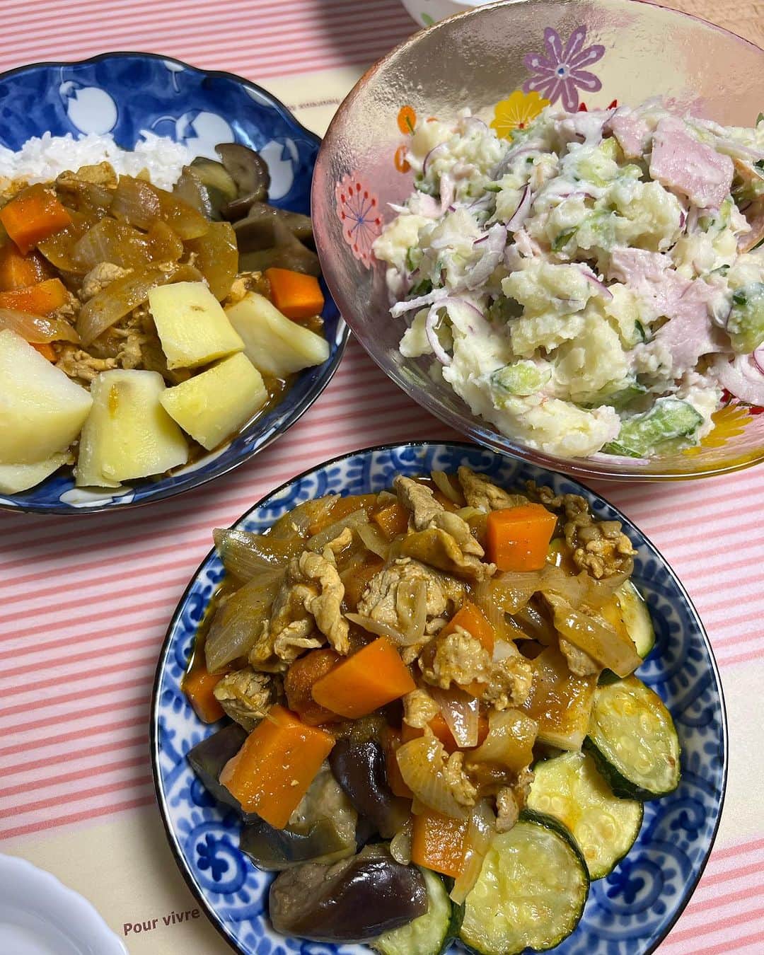 田中美佐子のインスタグラム：「一昨日の晩御飯。 昨日の晩御飯。 今日の晩御飯。 カレーは日に日に減っていき、残っていたヤンニョムチキンのタレを使って再び登場。 トマトソースもストックしておいたのでパスタも再び登場。  カレーを食べ切るのは大変だなー。 しかもヤンニョムチキンは食べ過ぎちゃう。  なんだか毎日まとまりのないご飯だけど、 美味しい！  いつも私に抱っこされて寝てるわんこで、おやすみなさーい！  #カレー#ポテトサラダ#豚しゃぶ#ヤンニョムチキン#ロッソナポリタン#トマトソース#わんこ」