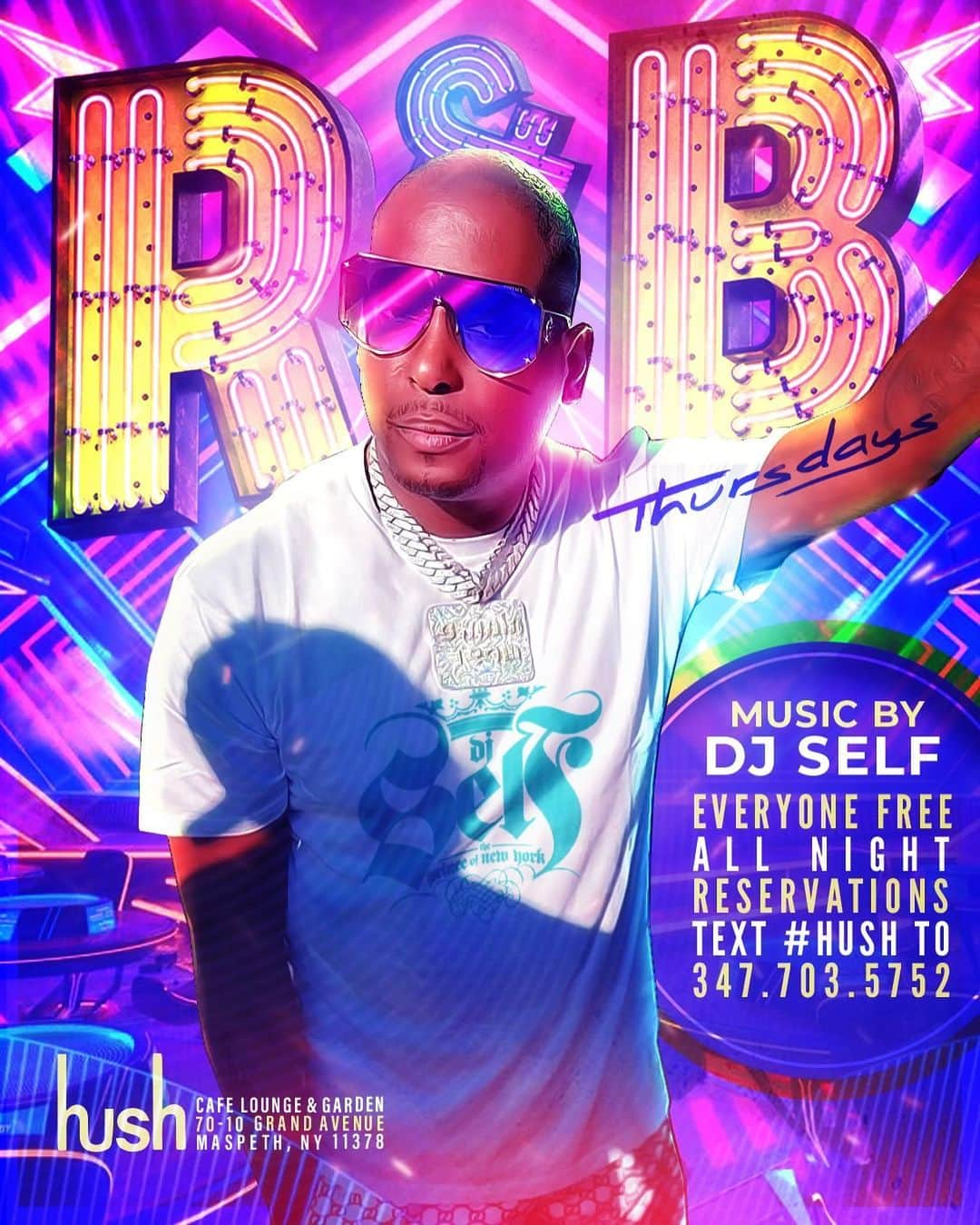 DJ Selfのインスタグラム：「R&B ❤️ Thursdays   ⏰ 5PM-3AM . Hookah | Drinks | Food | Vibes  Everyone Free Entry!  . 🎶 Music by: 💻 @DJSELF  The Best R&B songs  . 👩🏻‍🤝‍👨🏽Tables Reservations  📲 Text #Hush To 347-703-5752  ____________ 📍@HushLoungeGarden  (70-10 Grand Ave, Maspeth, NY 11378)」