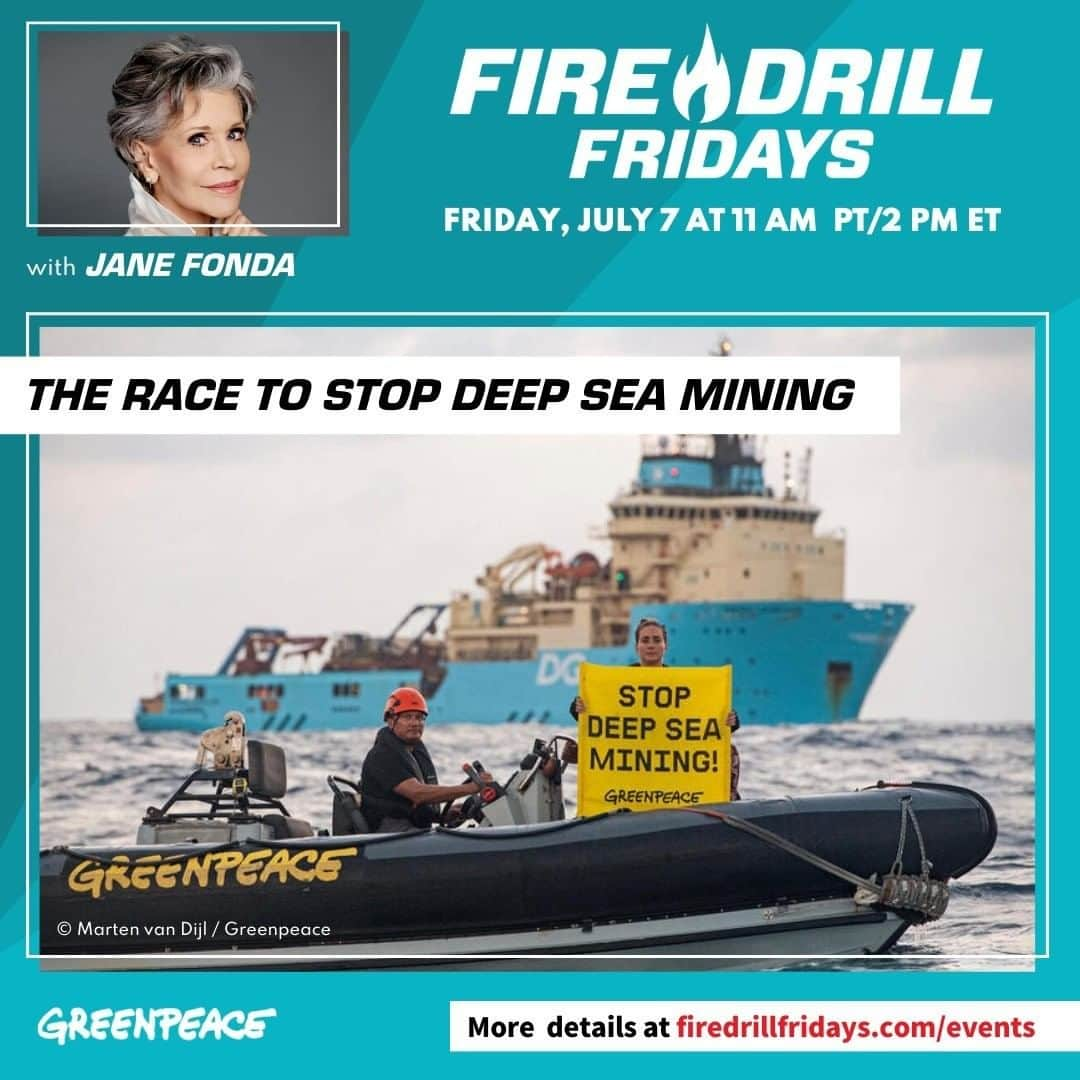 ジェーン・フォンダのインスタグラム：「Repost @firedrillfriday   Firefighters. Did you know that the deep sea is a rare and unique ecosystem on our ocean floor? Did you know it’s home to many unknown species and a driver of important natural cycles on our planet? And did you know that it’s under attack?⁣ 🪸⁣ Next month, the International Seabed Authority Council will make crucial decisions that could either protect or devastate this habitat and all life on earth.⁣ Join Jane Fonda (Founder, Fire Drill Fridays), Arlo Hemphill (Ocean Sanctuaries and Stop Deep Sea Mining Project Lead, Greenpeace USA) and James Hita (Seabed Mining Campaigner, Greenpeace Aotearoa) for an urgent discussion about Greenpeace USA’s campaign to stop the launch of deep sea mining and how you can help shut this industry down before it begins. ⁣ 🪸⁣ We will see you LIVE on Friday, July 7 at 11am PT / 2pm ET on firedrillfridays.com, the FDF Facebook page, Greenpeace USA Twitter, or Greenpeace USA YouTube.⁣ 🪸⁣ #FireDrillFridays #GreenpeaceUSA #DeepSeaMining #Ocean #Planet @greenpeaceusa @greenpeacenz @heemi.scott」