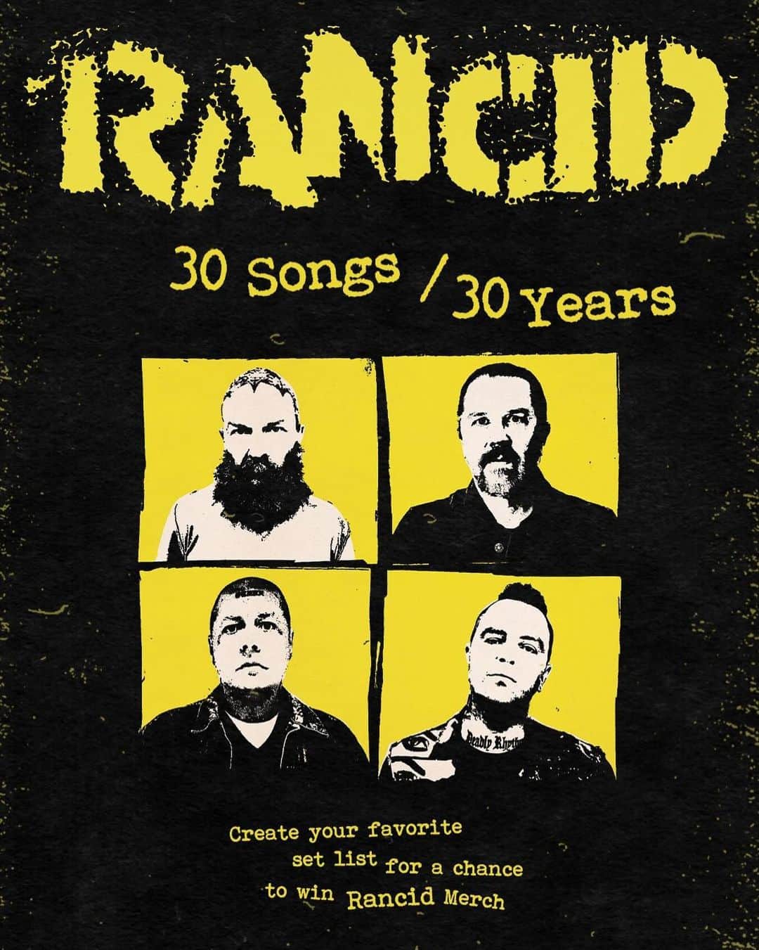Rancidのインスタグラム：「30 Songs / 30 Years. Create a playlist of your top 30 Rancid songs from the past 30 years for a chance to win a ‘Tomorrow Never Comes’ merch bundle. Link in bio to enter.」
