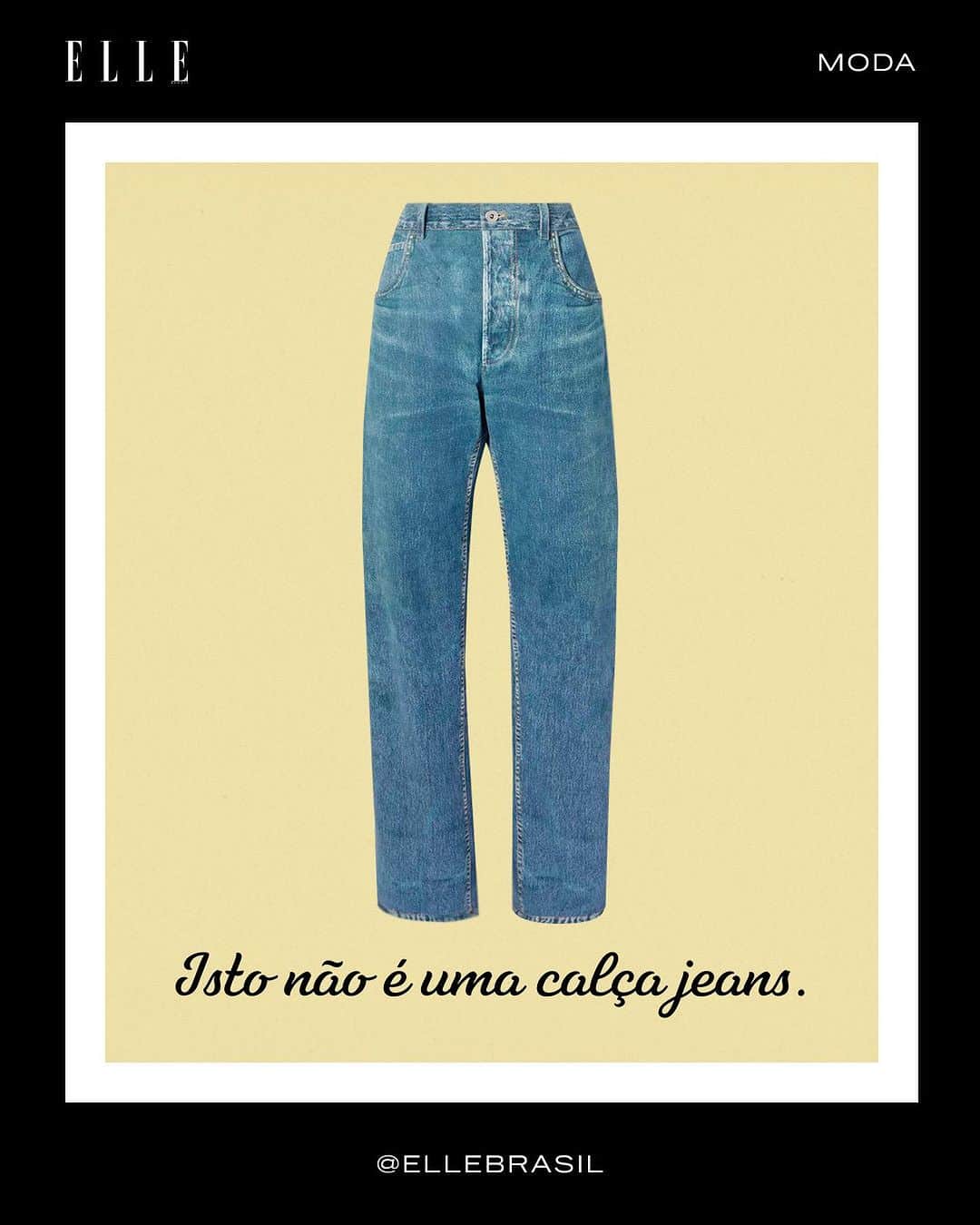 ELLE Brasilのインスタグラム：「Isso não é um jeans. Sim, você leu certo. Em uma tentativa de aproximar a imagem da alta-costura para o dia a dia – ainda que essas peças tenham preços altíssimos –, marcas como @maisonvalentino, @balenciaga e @jeanpaulgaultier colocaram jeans em suas coleções. Mas olhe com atenção, já que a peça é feita para te enganar: nenhum desses jeans é feito mesmo de jeans. Na Balenciaga, trata-se de uma canvas pintado a óleo. Na Valentino, o jeans usado por Kaia Gerber é de gazar de seda e foi bordado com mais de 80 cores de índigo, enquanto que na Gaultier by Julien Dossena, micro miçangas emulam o efeito denim e ainda dão um toque molhado à peça.  Criado para ser resistente o suficiente para aguentar longas jornadas de trabalho, o jeans é, provavelmente, o material mais popular do mundo. Essa brincadeira de imitá-lo com outros tecidos começou no inverno 2022 da #BottegaVeneta, quando o estilista Matthieu Blazy criou o jeans que na verdade é feito de couro, desfilado por Kate Moss com um ar cool de quem não liga muito pra nada. Na temporada de couture, no entanto, virou tendência. Pode culpar o boom do surrealismo de Daniel Roseberry na @schiaparelli, o trompe l'oeil ou até uma vontade das marcas de popularizar a sua imagem, ficar mais identificável. A única certeza é que jeans agora é couture. E, ainda por cima, fabricado nos maiores ateliês do mundo.  E conte pra gente: se pudesse, usaria qual jeans que não é jeans? O que achou dessa nova tendência? (via @giumesquita)」