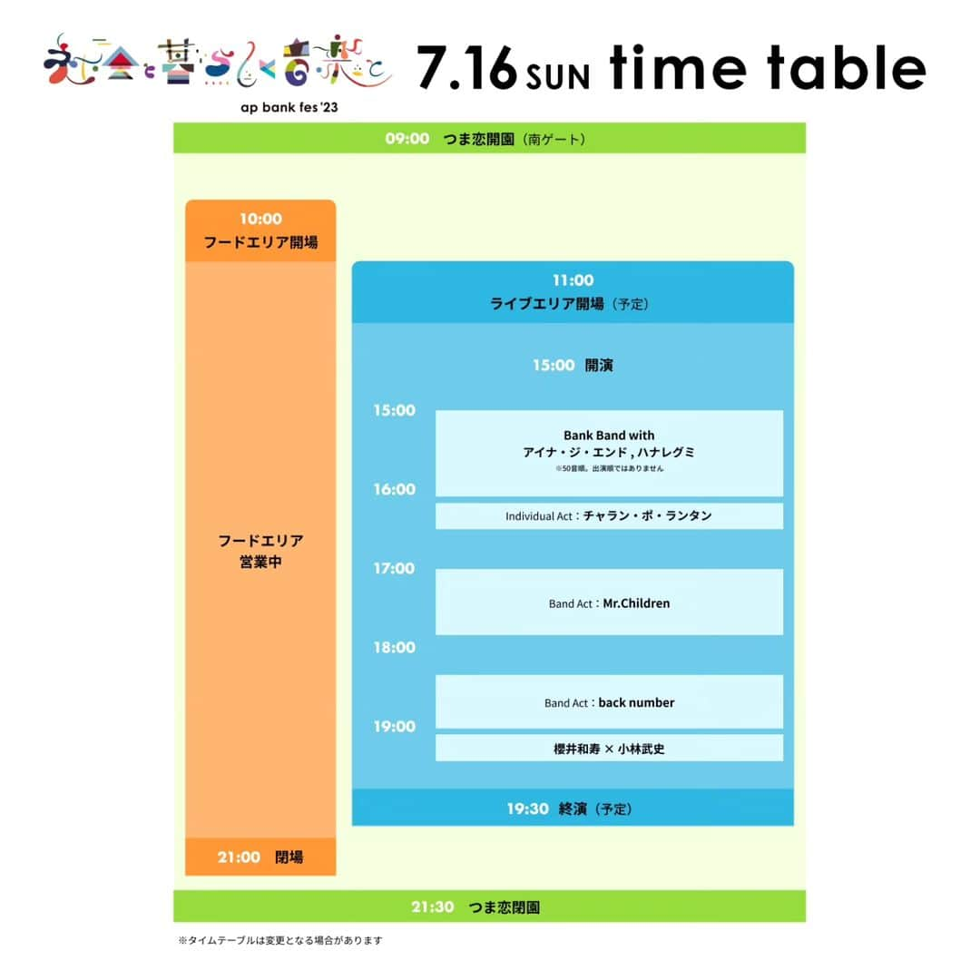 Mr.Childrenさんのインスタグラム写真 - (Mr.ChildrenInstagram)「7月15日(土)、16日(日)、17日(月祝)に開催される「ap bank fes ’23 ～社会と暮らしと音楽と～」のタイムテーブルが発表されました。  https://fes23.apbank.jp/live/timetable/」7月7日 18時01分 - mc_official_jp