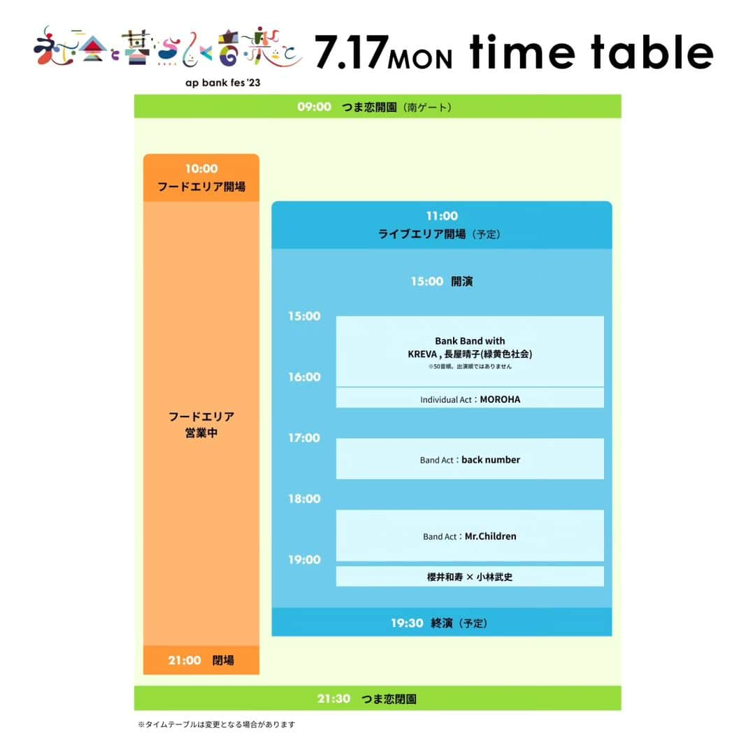 Mr.Childrenさんのインスタグラム写真 - (Mr.ChildrenInstagram)「7月15日(土)、16日(日)、17日(月祝)に開催される「ap bank fes ’23 ～社会と暮らしと音楽と～」のタイムテーブルが発表されました。  https://fes23.apbank.jp/live/timetable/」7月7日 18時01分 - mc_official_jp