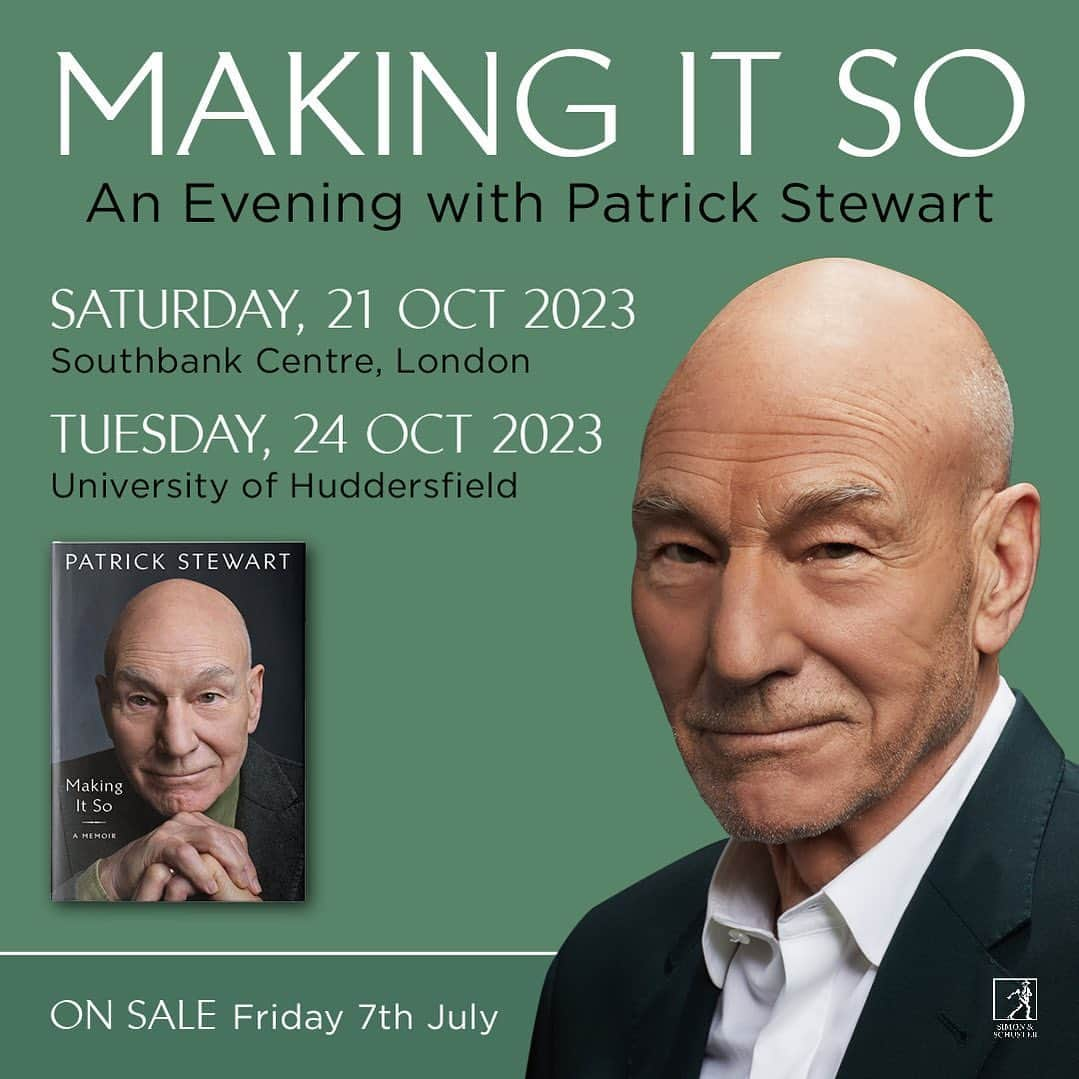 パトリック・スチュワートのインスタグラム：「I'm delighted to share that I'll be back in the UK this October for the publication of my memoir #MakingItSo. Thank you so much to the Southbank Centre in London and the wonderful University of Huddersfield for hosting. Tickets on sale today at 10 AM BST.   More information at PatrickStewartBook.com, SouthbankCentre.co.uk and Hud.ac.uk/Events.」