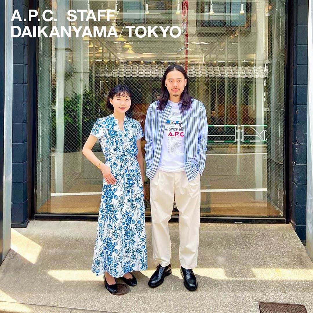 アーペーセーのインスタグラム：「A.P.C. Daikanyama staff in Tokyo.  Misaki is wearing : Annelie dress in blue floral print Porselli ballet flats in black  Asuka is wearing : Clément shirt in blue stripes Martin T-shirt in white Renato trousers in ecru Charlie ankle boots in black  Articles available in stores and at apc.fr  A.P.C. DAIKANYAMA 11-9 Sarugakucho Shibuya-ku 150-0033 Tokyo, Japan  #APCStaff #Tokyo #Japan #APCParis #APCStore」