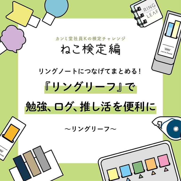 カンミ堂 公式さんのインスタグラム写真 - (カンミ堂 公式Instagram)「／ 穴開け不要　貼りつけるパーツでリングノートにひとまとめ！ ＼ ⁡ 社員Kは「ねこ情報」を１冊のリングノートにまとめて管理しています。ねこ検定に向けた勉強内容の記録、一緒に暮らす猫のこと、備品の買い物リスト...📒 ⁡ ちょっとしたメモやプリントアウトした資料を保管するとき意外と困るのが、「穴をあけるか？」。 手元にパンチが無かったり、穴が拡がって取れてしまったり、そもそも穴開け自体に抵抗があったり...。 ⁡ そんなときに活躍するのが『リングリーフ』 ふせんと同じ素材でつくった「リングノートと紙類をつなげるパーツ」です。パーツののり付きフィルム部分にメモや資料を貼り、切れ込みからリングにパチパチとはめるだけ。貼り剥がしもできるので、別の方法で保存したくなったときは簡単に元の状態に戻せます。 ⁡ 実は赤シートの持ち運びにも便利。 勉強シーンはもちろん、ログづくりや推し活ノートにもおすすめです。 ⁡ 同居猫と実家猫監視のもと、ねこ知識（食事編）を吸収中です。人間、食べられるもの多いなあ... ⁡ #カンミ堂 #kanmido #フィルムふせん #ふせん #付箋 #はがせるマーカー #はがせるマーカーSTUDY #勉強 #ノートまとめ #暗記学習 #ねこ検定　#ねこ #猫の手 #検定チャレンジ #カンミ堂社員の検定チャレンジ」7月7日 17時48分 - kanmido_official