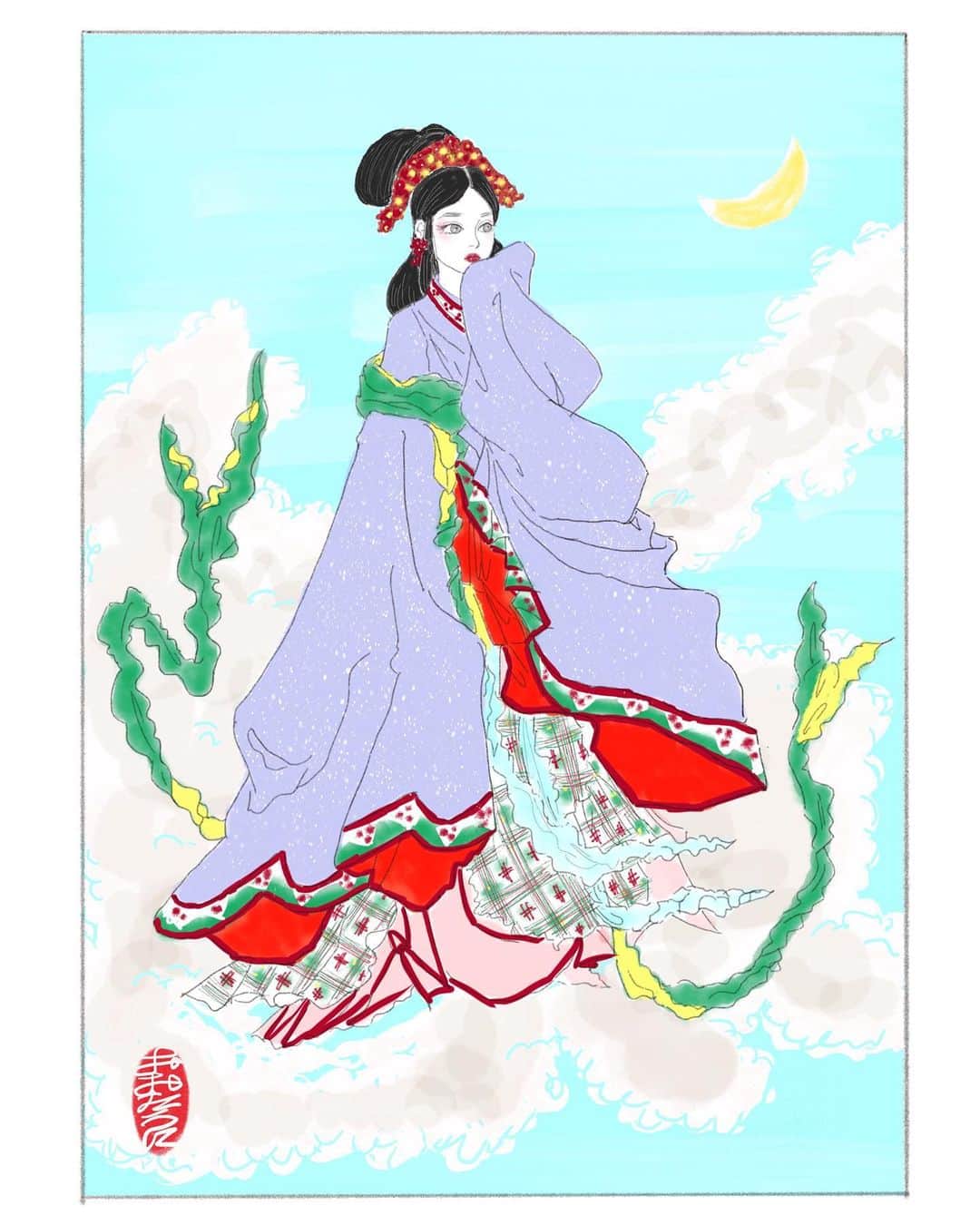 おおたうにさんのインスタグラム写真 - (おおたうにInstagram)「「月百姿 銀河月（一部）」🎋月岡芳年  毎年ちょこちょこ整形してるこの織姫さん。七夕の浮世絵新しいの描きたいな。 今日の東京は晴れています。よかったね☺️✨  昨日の夜中、無性に縫い物したくなったのは、お裁縫上手な織姫パワーだろうか。  #浮世絵 #七夕の浮世絵 #ukiyoe #ukiyoefashion #浮世絵ファッション #月岡芳年 #模写 #outauni #おおたうに #fashionillustration #織姫」7月7日 12時13分 - outa_uni