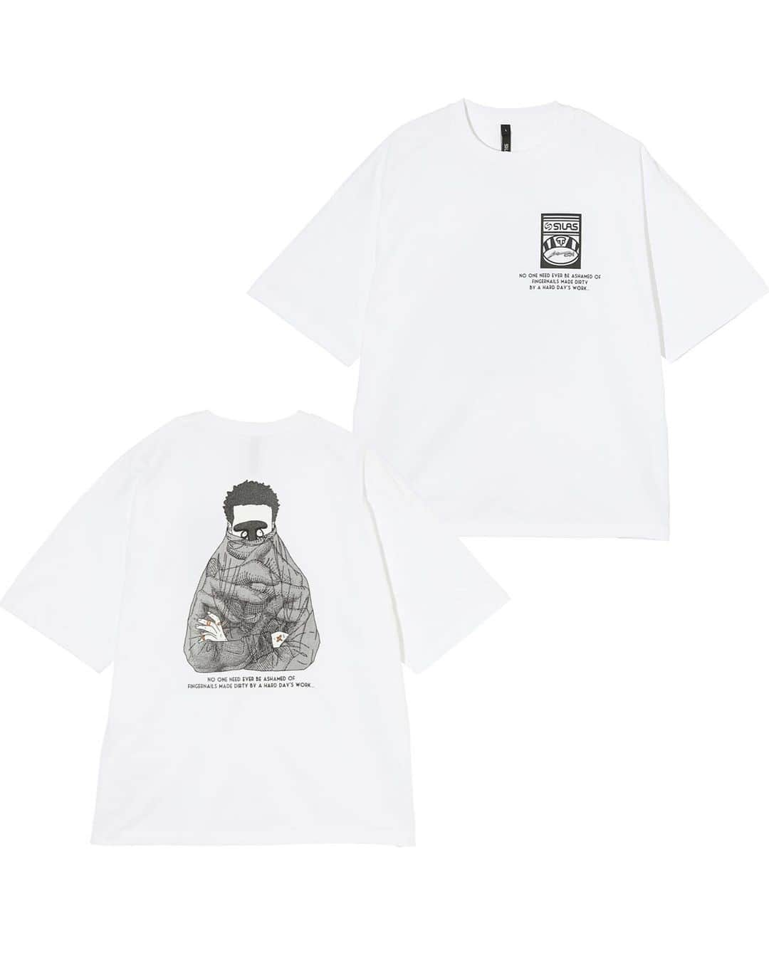 サイラスさんのインスタグラム写真 - (サイラスInstagram)「【SILAS×KUREINO collection】 7/7 (FRI) RELEASE  ☑ SILAS ×SILAS×KUREINO S/S TEE hand　 M,L,XL　￥6,600 “No one need ever be ashamed of fingernails made dirty by a hard day's work” 『一日のきつい労働でよごれた爪を恥じる必要性はないさ』  KUREINO @kureino  独特な世界観を軸に持ちながらも、表現の幅も広く様々なイラストを手掛ける。 また、流派 BEST RAPPER AWARDS 2017にて第一位に輝いた唾奇をはじめとする、 現代のシーンを担うアーティストたちのCDジャケットなどを手掛ける。 2021年にはタワーレコード渋谷店で個展。 2023年にはNIKE MAXXED OUT TOURにてAIR MAX 1 OG 86をテーマに作品展示など精力的に活動を行っている。  WEBSTORE calif ZOZOTOWN SILAS 取り扱い店舗にて発売。  #silas #silasandmaria #サイラス #ストリート#ロンドンストリート #ストリートファッション #メンズファッション #新作 #KUREINO #クレイノ」7月7日 12時18分 - silasandmariajp