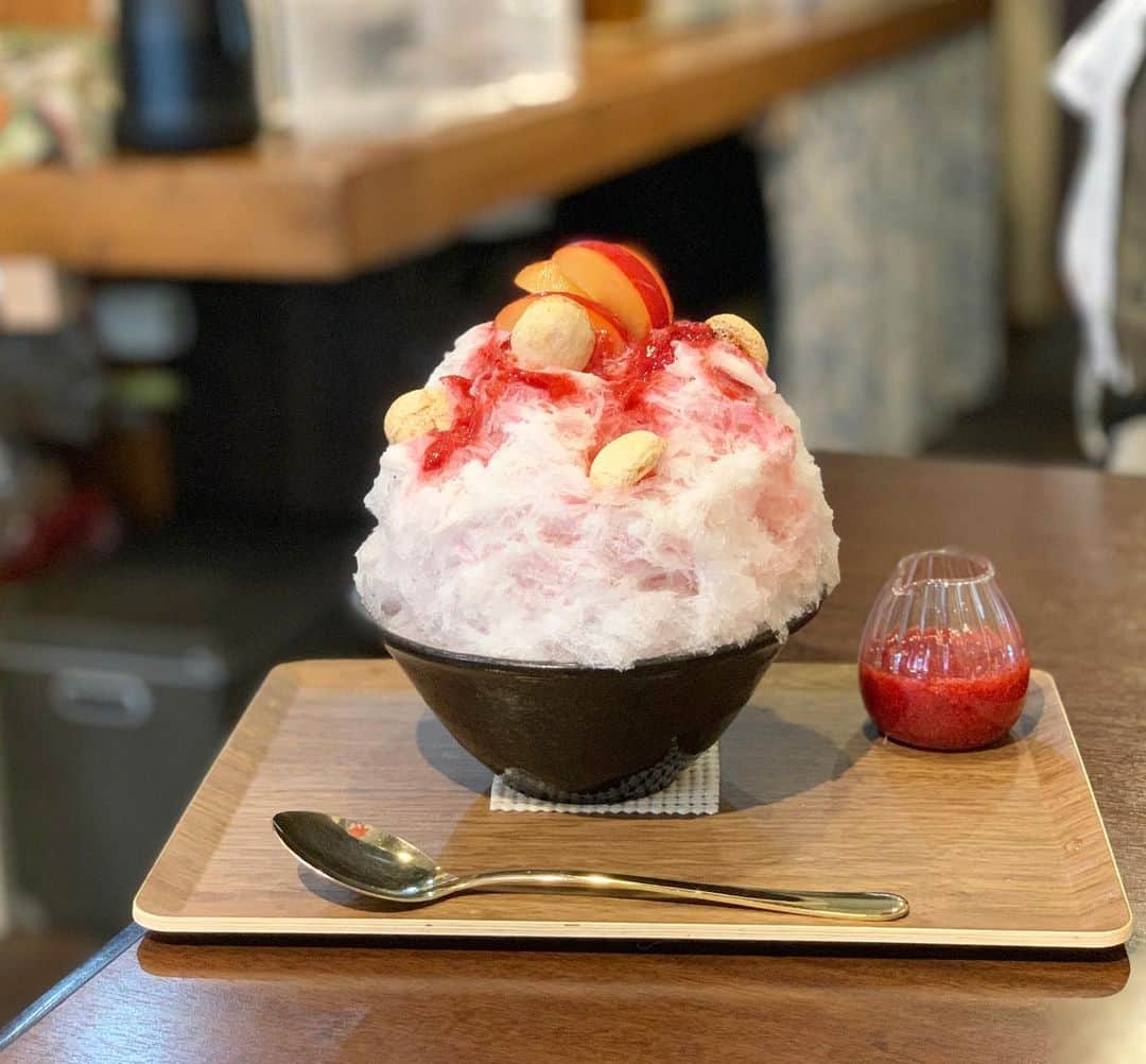 原田麻子のインスタグラム：「すももとあんず  久しぶりにアイユートさん。 天然氷に切り替えられたばかり。  メニューによって使い分けるそう。  こちらは天然氷メニュー  個人的には天然氷も純氷も結局は使い手次第なのでどちらが優れていて、劣ってると言うことはないと思っています。 生かすも殺すも職人次第。  もともとふんわり優しい削りの印象だったので こちらもやわらかな削りでとても美味しかった！あんずジャムも甘すぎない。美味しい〜」
