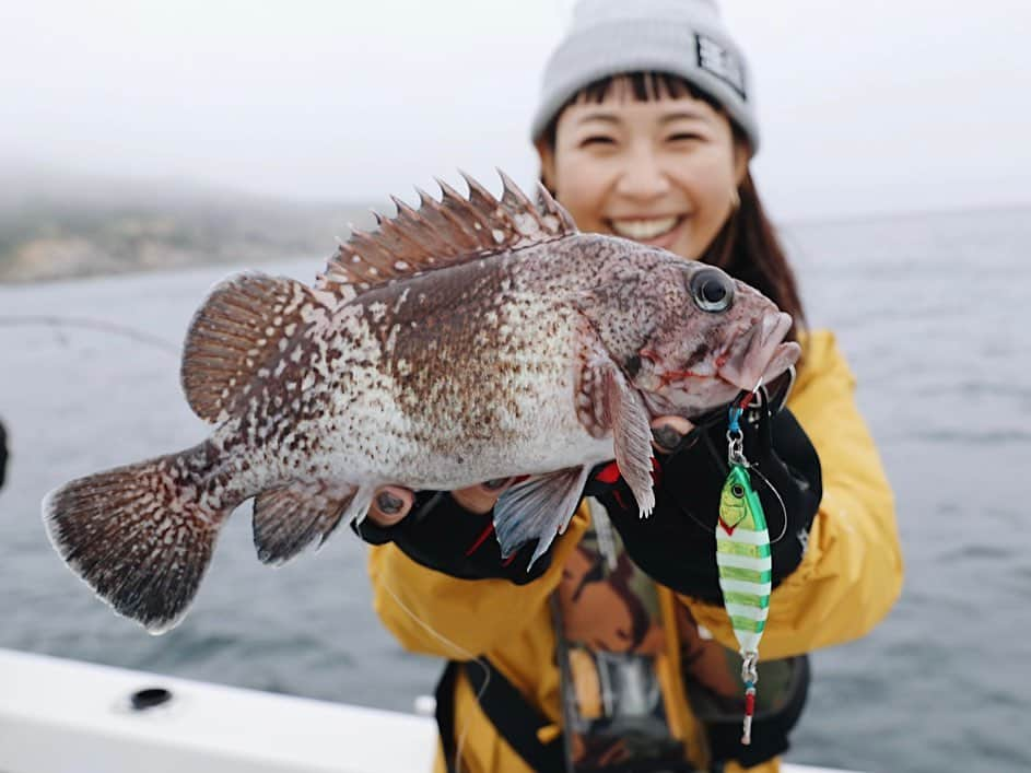 石川文菜のインスタグラム：「SLJの人気ジグ"フラッグトラップ"にボトムの魚へスローフォールでじっくり見せる"フラッグトラップ リーフ"が仲間入り🤩  その撮影で宮城県へ行ってきたよ✈️  お世話になったのは塩竈市から出船している快星丸さん🛥️💨  親切で優しい船長からリーフの特徴をいかした釣り方を教えてもらい、よく釣れました😍  SLJでボトムをネチネチと狙うときはフラッグトラップ(オリジナル)との使い分けとして持っておくのがおすすめ！ 購入したらぜひ教えてくださいね😊 (私のおすすめカラーはピンクインパクト🩷)  動画はYouTubeのJACKALL STATIONにて公開中ですので、ぜひご覧ください💁🏻‍♀️🤍  佐藤船長がたくさん写真を撮ってくださったので、載せたい写真がいっぱい🤭📸 オフショットなどありますので、もう少しお付き合いくださいね🐻👏🏻  ご協力ありがとうございました🙇🏻‍♀️🙇🏻‍♀️ 撮影協力＊快星丸 佐藤慎一船長 @kaiseimaru_official  撮影&編集＊平川力也 @hirakawarikiya   #JACKALL #オフショア #SLJ #根魚 #船釣り #釣り #釣りスタグラム #海釣り #メバル #マゾイ #宮城県 #仙台湾」