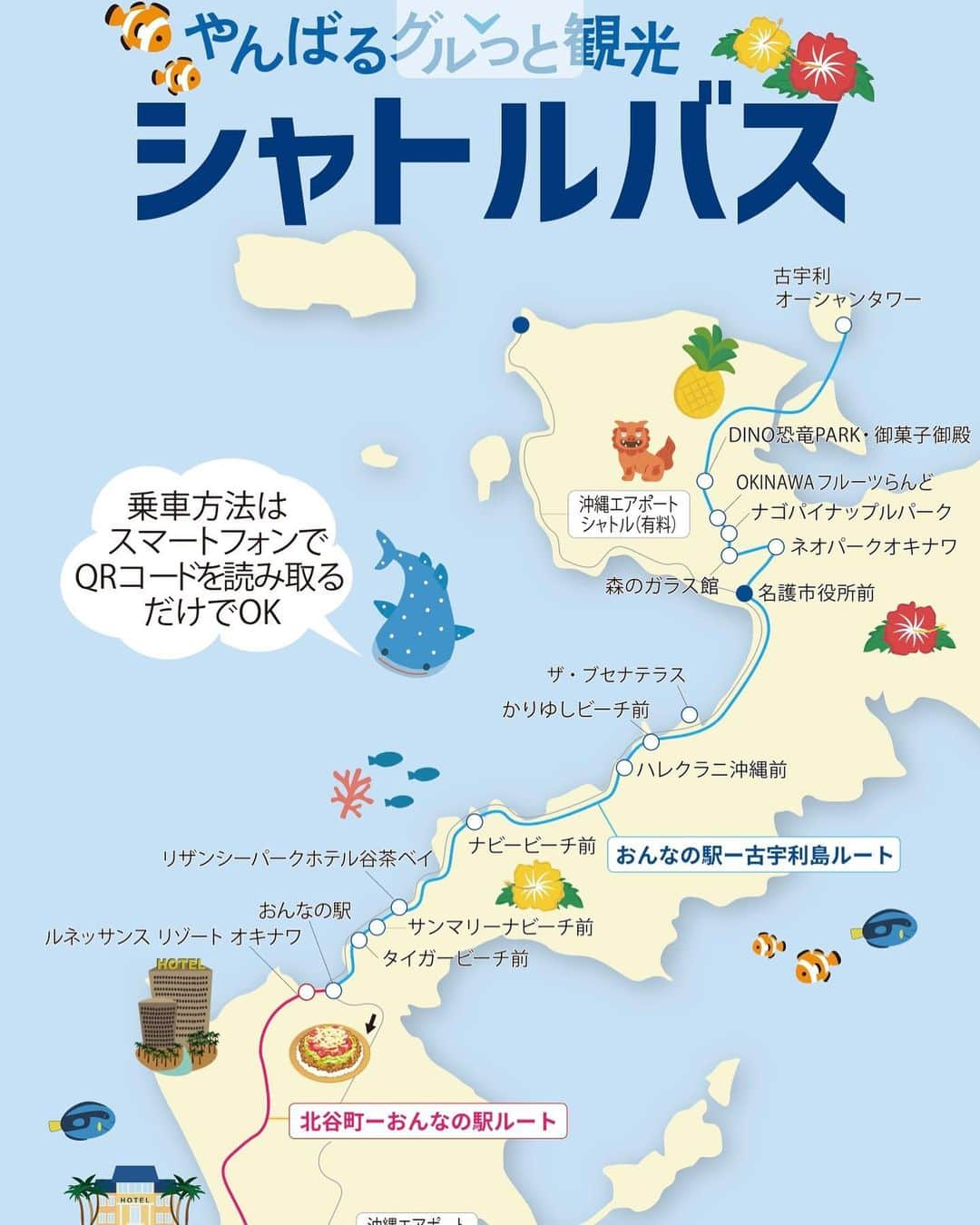 おきなわLikesのインスタグラム：「沖縄が大好きな皆さんに朗報ですよん🥳  下👇の条件に当てはまる方にはGoodかもです👍 ✅7月15日〜8月20日で沖縄に行くよ！ ✅レンタカーまだ取れてないんだよね。。。 ✅運転は苦手。。。 ✅旅行先で運転したくない‼️などなど  「#やんばるぐるっと観光 シャトルバス」って知ってますか？🤔 📣詳細はストーリーズにリンク貼りますね📣  コロナで沖縄がレンタカー不足になった時、 「レンタカーがなくても沖縄を楽しめるように‼️」 という目的で開始されたバスだそうです🚌  なんとこのシャトルバスが7月15日から運行開始で、 発売開始は明日7月8日かららしいです🩵  今年は新たなコースとして、 #北谷 町は#アメリカンビレッジ からリゾートエリアの #恩納村 は#おんなの駅 がなんと無料で乗れるそうです👀　  おんなの駅から古宇利オーシャンタワーまでは 1日乗り放題で1,100円らしいですが、 それでも運転しなくて済むなら便利ですよね😙  いろんな観光施設も巡れるそうなので、 家族、カップル、ともだちなどなど 是非回ってみてはいかがでしょうか？  乗れるタイミングで、 また使い心地もまた発信しますね🥳  #おきなわlikes #ルネッサンスリゾートオキナワ #タイガービーチ #サンマリーナホテル  #リザンシーパークホテル谷茶ベイ #ナビービーチ #ハレクラニ沖縄 #かりゆしビーチ #かりゆしホテルズ  #ザブセナテラス #森のガラス館 #ネオパークオキナワ  #ナゴパイナップルパーク #okinawaフルーツらんど  #dino恐竜park #御菓子御殿 #古宇利オーシャンタワー  #アメリカンビレッジ #OTOPa  #pr  #おきなわ好きな人と繋がりたい #okinawa #沖縄旅行 #沖縄観光 #バス旅行 #バス好きな人と繋がりたい   ✜ 𖣯 ✜ 𖣯 ✜ 𖣯 ✜ 𖣯 ✜ 𖣯 ✜ 𖣯 ✜ 𖣯 ✜ 𖣯 ✜ 𖣯 ✜ 𖣯 ✜  沖縄のこと、「ちょっと好き」から「もっと好き」に。  フォローしてね🌺 @okinawa_likes  ✜ 𖣯 ✜ 𖣯 ✜ 𖣯 ✜ 𖣯 ✜ 𖣯 ✜ 𖣯 ✜ 𖣯 ✜ 𖣯 ✜ 𖣯 ✜ 𖣯 ✜」