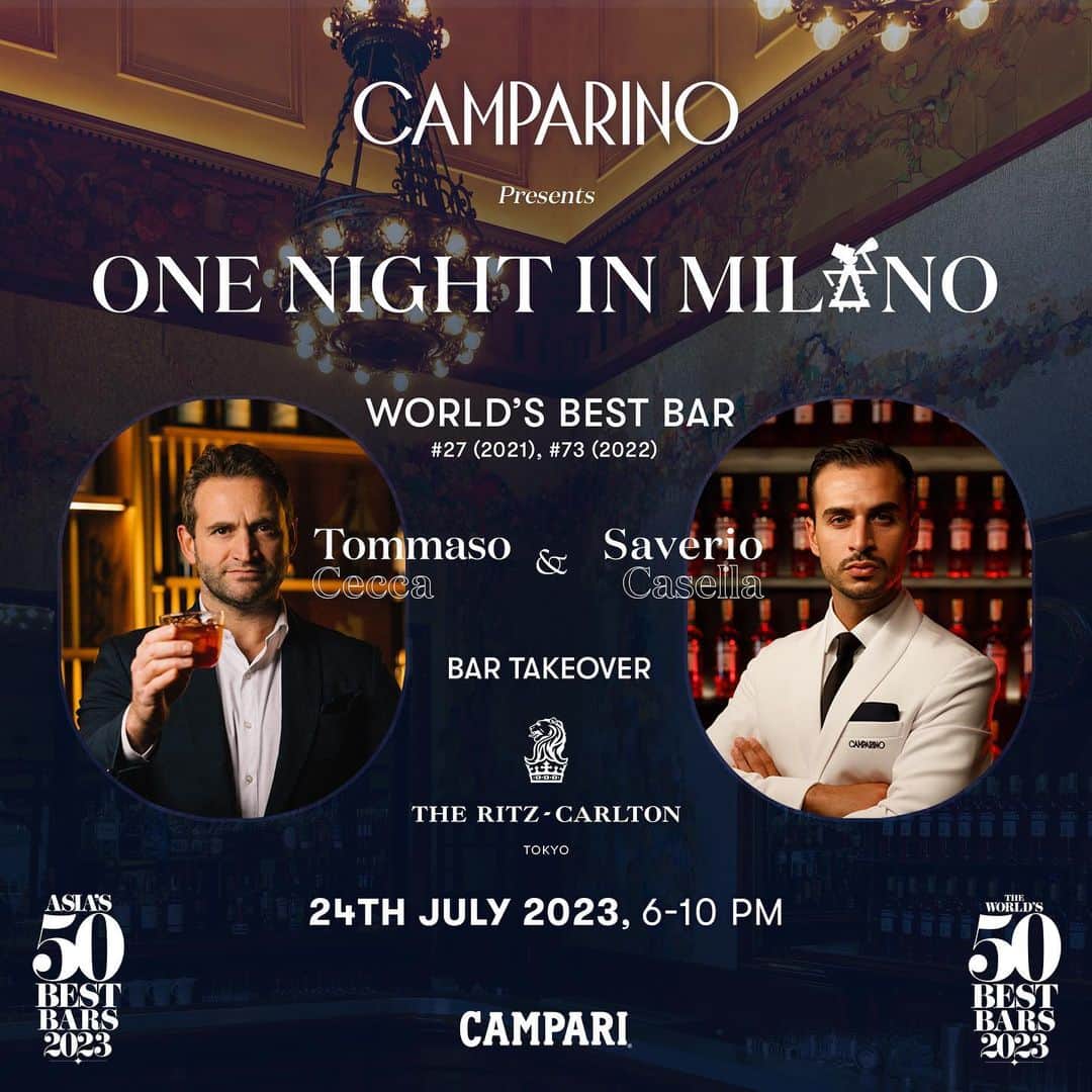 Campari Japanのインスタグラム：「\\ザ・リッツ・カールトン東京45階「ザ・バー」が一夜限りのミラノのバールに// 7月24日（月）、アペリティーボの伝説のバール「CAMPARINO @camparinoingalleria 」がイタリア・ミラノから初来日し、ゲストバーテンディングイベントを開催！  “アペリティーボ＝夕食の前に軽食をつまみながらお酒を楽しむイタリア文化” の代名詞とも呼ばれ、唯一無二のアペリティーボ体験ができる「CAMPARINO」から、ヘッドバーテンダーのトンマーゾ・チェッカ（Tommaso Cecca @tommaso.cecca ）とサヴェリオ・カゼッラ（Saverio Casella @savy.casella ）　2名が来日し、「CAMPARINO」オリジナルカクテルをご提供いたします。  「CAMPARINO」は、1915年、「カンパリ」の生みの親であるガスパーレ・カンパリ氏を父に持つ、ダヴィデ・カンパリ氏がミラノに開いたバールです。 2021年には「the World's 50 Best Bars」の27位にランクインした実績を誇り、100年以上経った今でも伝統と革新が混ざり合うミラノの代表的なバールとして、世界中から人々が集います。  アペリティーボのシンボルである「CAMPARINO」、そして世界有数の大都市・東京で唯一無二の眺望と感動を味わうことができるザ・リッツカールトン東京「ザ・バー」、このまたとないコラボーレーションをぜひお楽しみください。  ■バーテンダーテイクオーバー 開催場所：ザ・リッツ・カールトン東京「ザ・バー」 東京都港区赤坂９丁目７−１ 東京ミッドタウン 45階 日時：2023年7月24日（月）18:00～22:00 価格：各3,200円（税金、サービス料込）  ※夜の演奏時間帯でのご利用は、エンターテイメントチャージとして2,500円（税込）が発生します。 ※営業時間は予告なく変更となる場合がございます。」