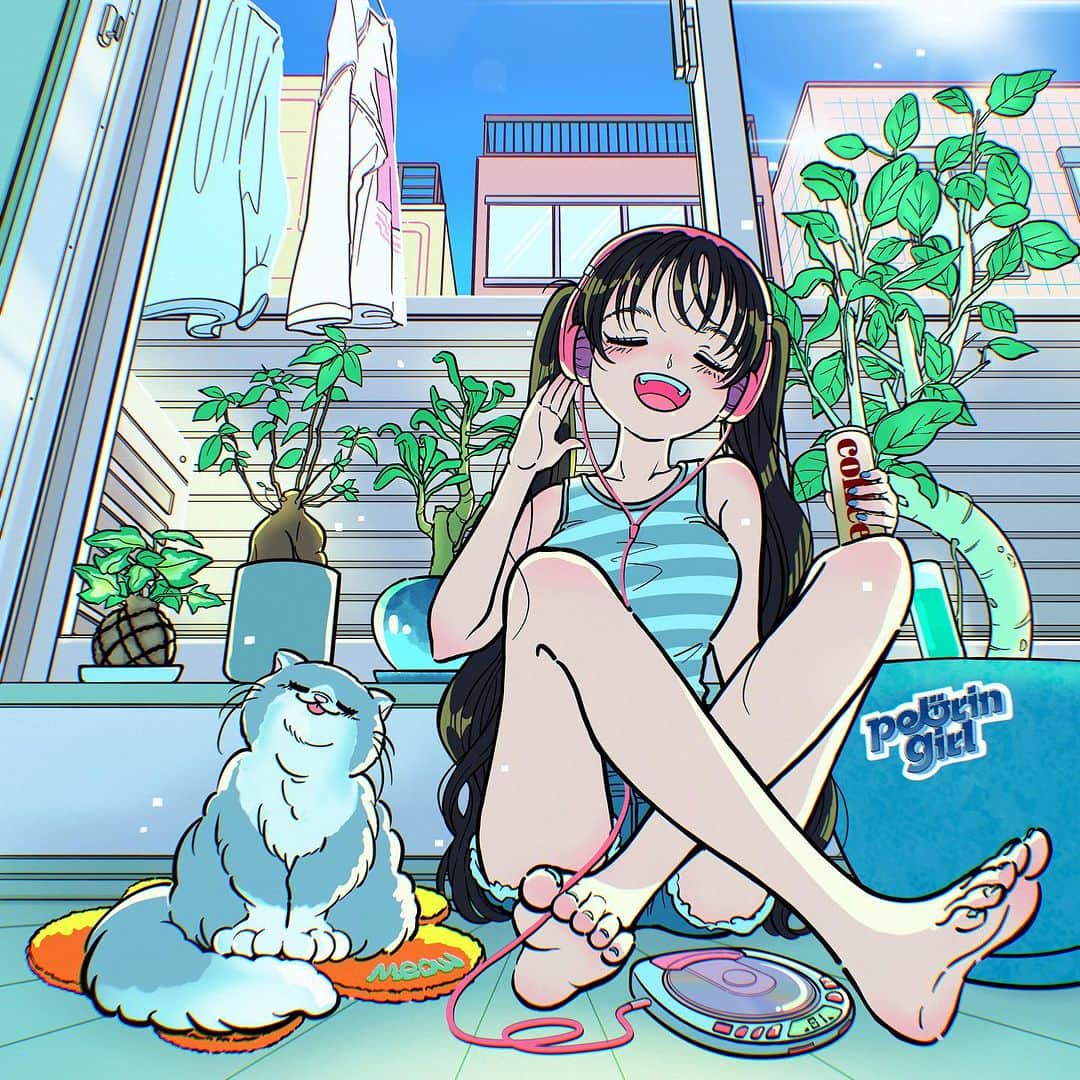 佐藤なつみのインスタグラム：「お気に入りの場所🌱🐈  ・－・－・－・－・－・－・－・－・－・  明日から2日間、福岡個展での在廊日となります☺️ 天気がとても心配ですが、 私は予定通り在廊しますので、 皆さんご無理の無いようお気をつけてお越し下さい✨ 沢山の方とお会いできますように👅  ■福岡:2023.7.6(thu) - 7.20(thu) CARBON COFFEE 〒810-0041 福岡県福岡市中央区大名 １丁目２−３４ロイヤルビル 9:00-19:00(l.o 18:30)  💙在廊時間💙 8日(土) 11:00～18:00 9日(日) 13:00～17:00  #エモい #illustration #illustrator #art #90s  #イラスト#オリジナル #citypop #女の子イラスト #ガールズイラスト #古着女子 #古着コーデ #古着 #イラストレーター #ねこ #猫」