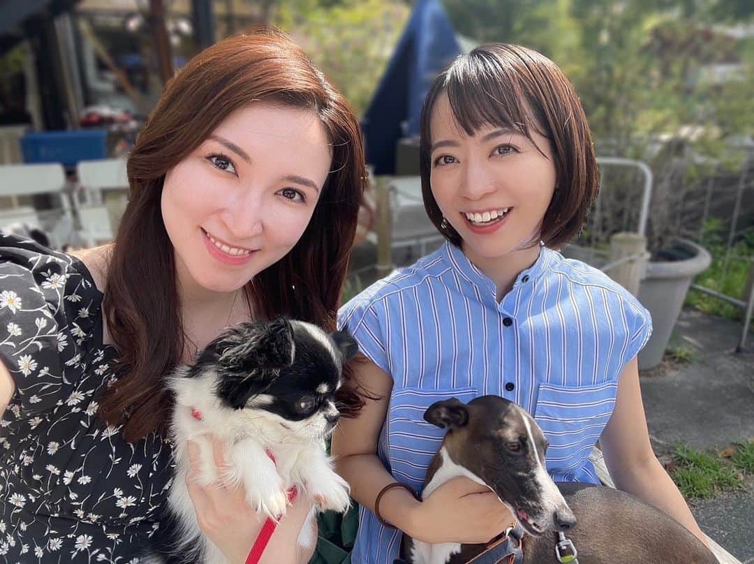 ウーデンジェニファー里沙のインスタグラム：「* ２００投稿目🤍  いつもイイねやコメントをくださる皆さん、 ありがとうございます☺️  アナウンサー同期の 竹本多佳良ちゃんと🤳 @takaratakemoto   愛犬同士が初めて対面しました🐶🐶  沢山写真を撮ったのですが… カメラ目線にしてもらうのが難しい〜！！  多佳良ちゃんの愛犬は、 イタリアングレイハウンドのレラくん！ 活発で可愛かったなぁ🤍🤍  ティファニーとも仲良くなれて良かったです😊  .  .  .  .  #アナウンサー#女性アナウンサー #同期 #愛犬 #犬」