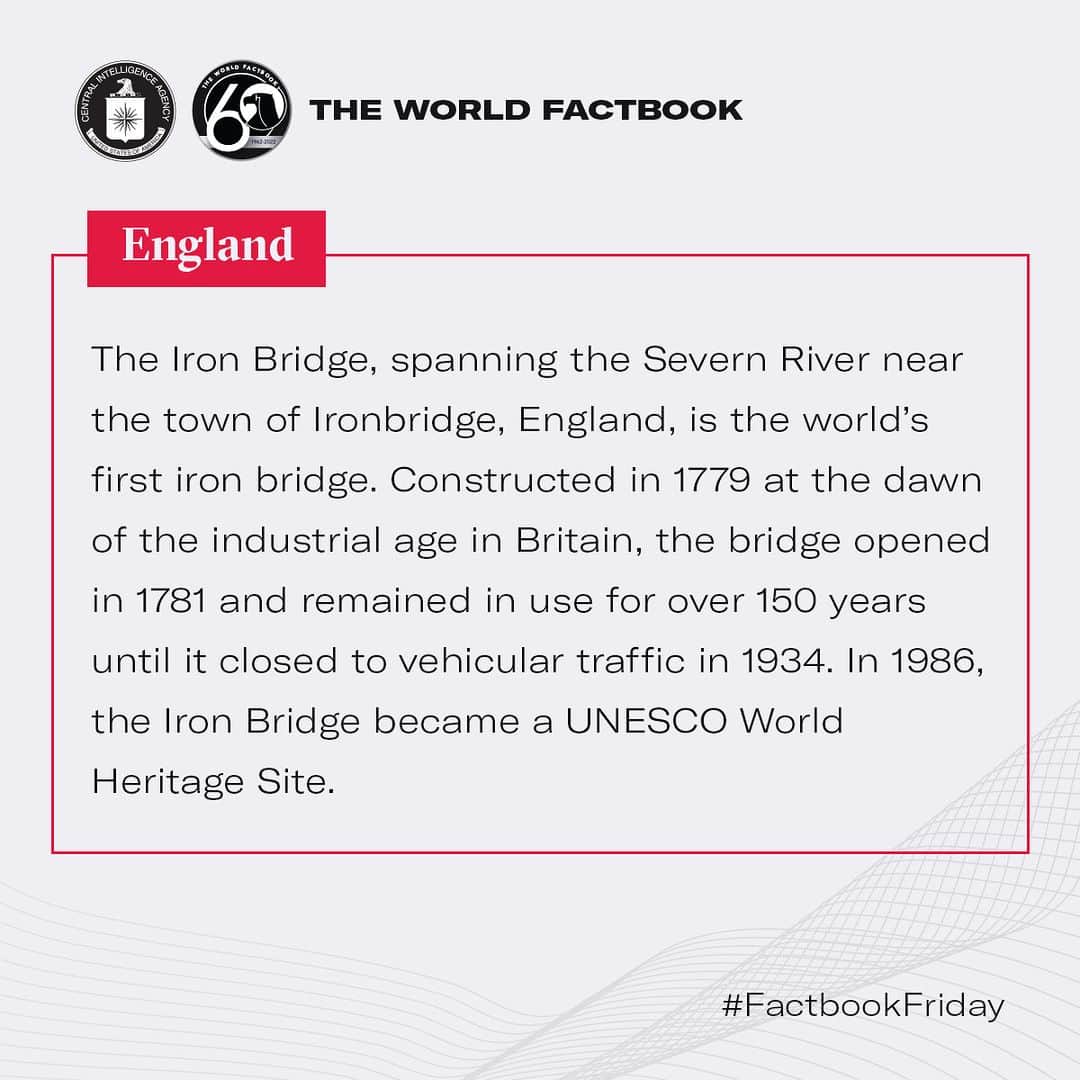 CIAさんのインスタグラム写真 - (CIAInstagram)「This UNESCO World Heritage Site in Ironbridge, England was the world's first iron bridge. Spanning the Severn River, it was constructed in 1779 and remained in use for over 150 years.   #FactbookFriday #England」7月7日 22時01分 - cia