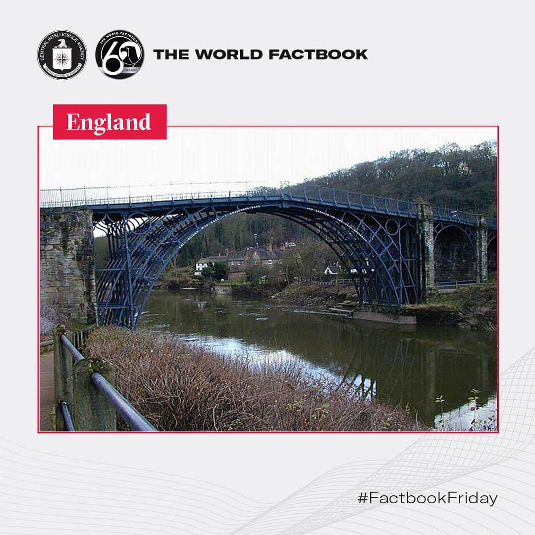 CIAのインスタグラム：「This UNESCO World Heritage Site in Ironbridge, England was the world's first iron bridge. Spanning the Severn River, it was constructed in 1779 and remained in use for over 150 years.   #FactbookFriday #England」