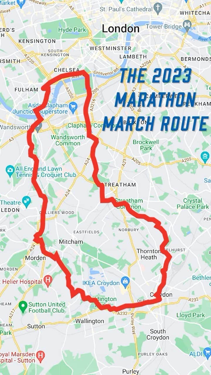 クリスタル・パレスFCのインスタグラム：「Your Marathon March route is here 🤩  Walk the distance. Leave an Impact.  Find out more from the link in our description 🔗  #CPFC | #PalaceforLife」