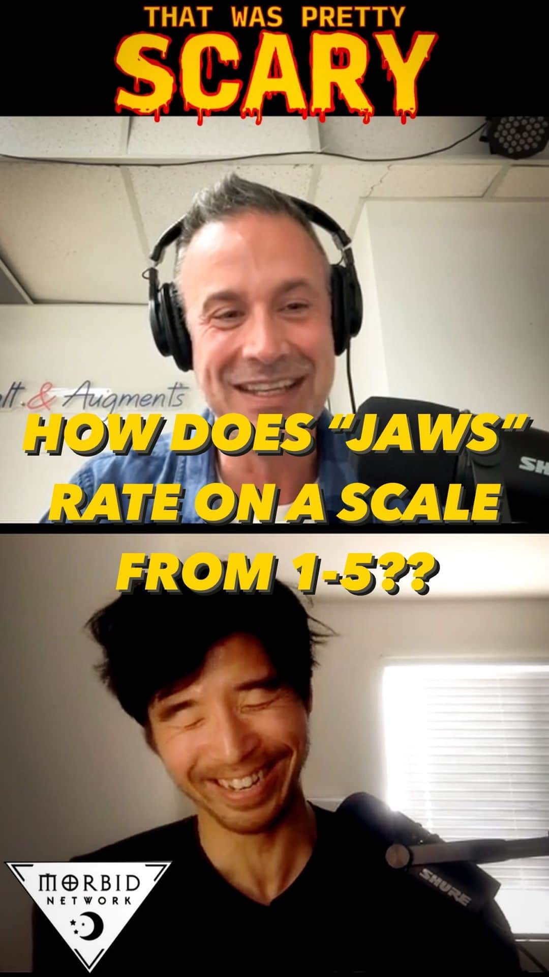 フレディ・プリンゼ・ジュニアのインスタグラム：「Each week we rank the films we talk about on a “hook” scale from 1-5. Here is our rating for “JAWS”. What would you rate “Jaws”? Let us know in the ⬇️COMMENTS BELOW⬇️! . . . . . #thatwasprettyscary #twps #horror #jaws #sharkweek #morbid #wondery #stevenspielberg」