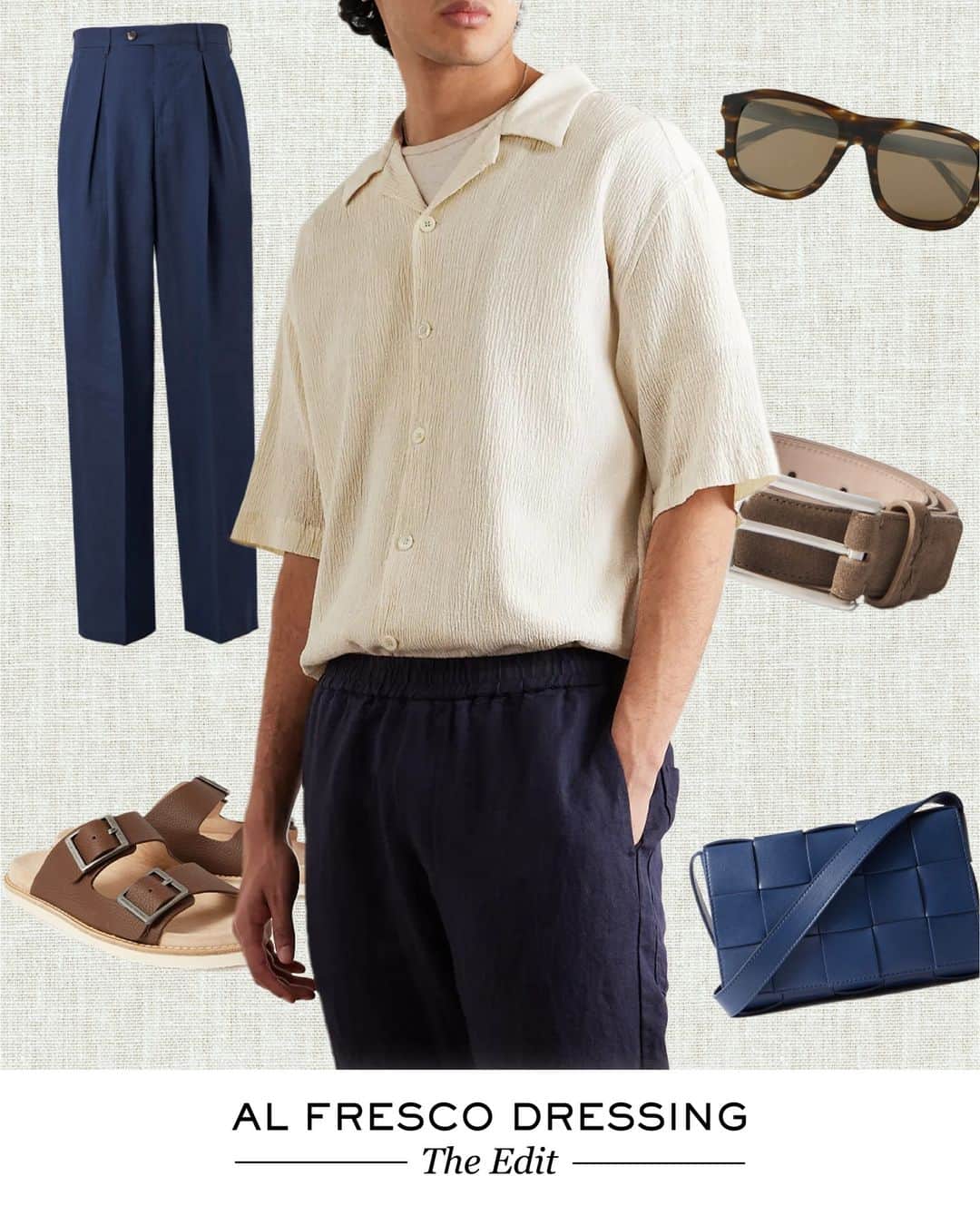 MR PORTERのインスタグラム：「What to wear for a season of Riviera romps? Think breathable camp-collar shirts, pleated linen trousers and '80s aviator-style sunglasses. Tap to shop the look.」