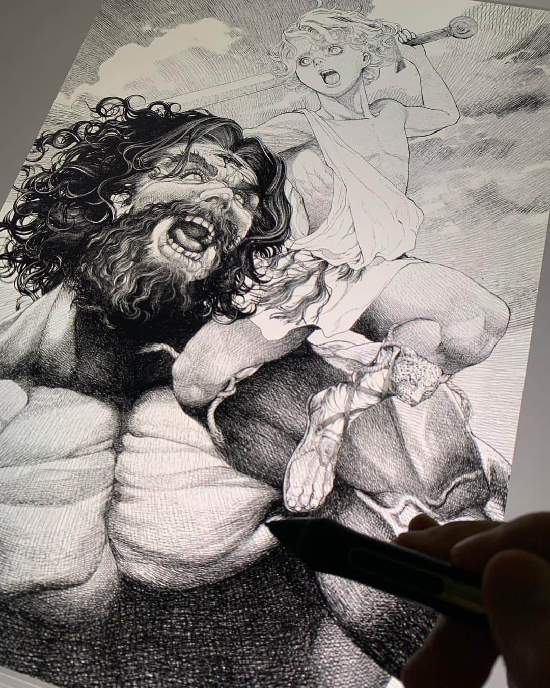 坂本眞一のインスタグラム：「Drawing day 3  David and Goliath  #DRCL #BramStoker #shinichisakamoto #Dracula」