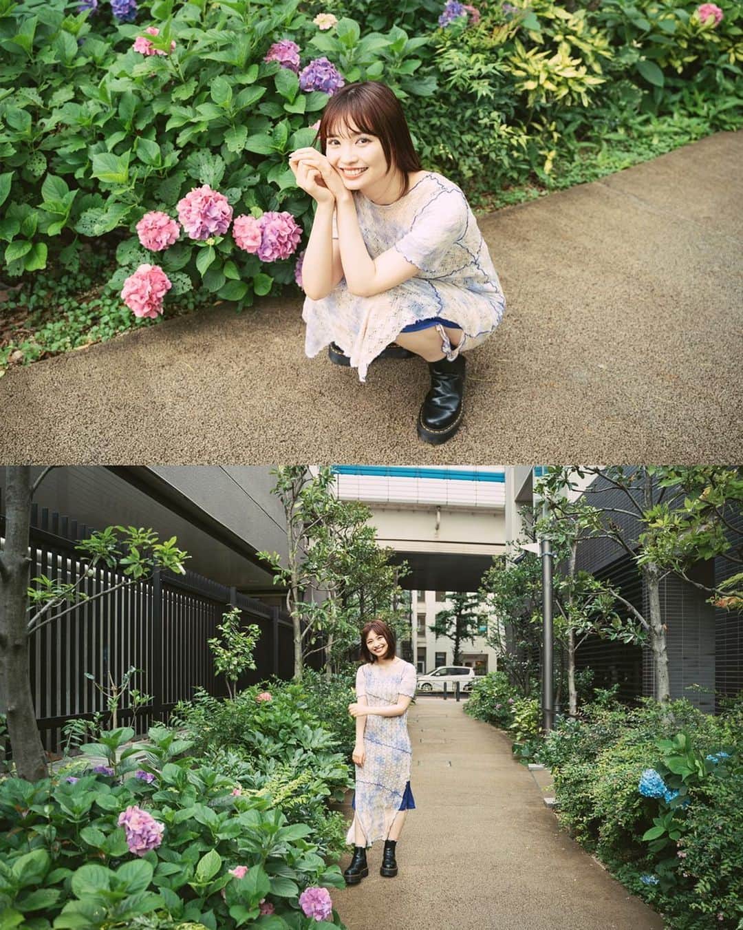 藤本結衣のインスタグラム：「気付いたら梅雨終わっちゃっててあげるタイミング失ってしまってました、、  #☔️ #紫陽花 (の絵文字ってそう言えばまだないんですね) #ポートレート」