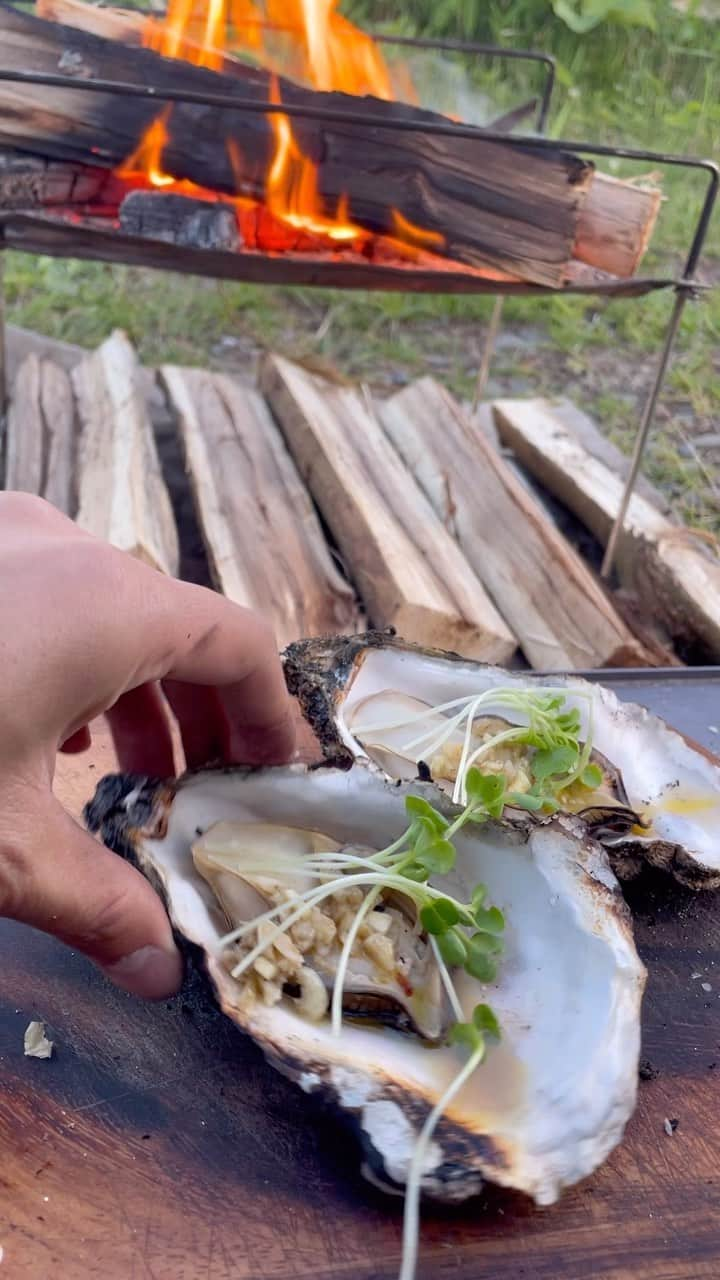 森公平のインスタグラム：「ガリバタ牡蠣【キャンプ飯】  #camping #camp #cooking #cook #outdoors #焚き火 #牡蠣 #oyster #キャンプ #ソロキャンプ #北海道 #森キャンプ公平」