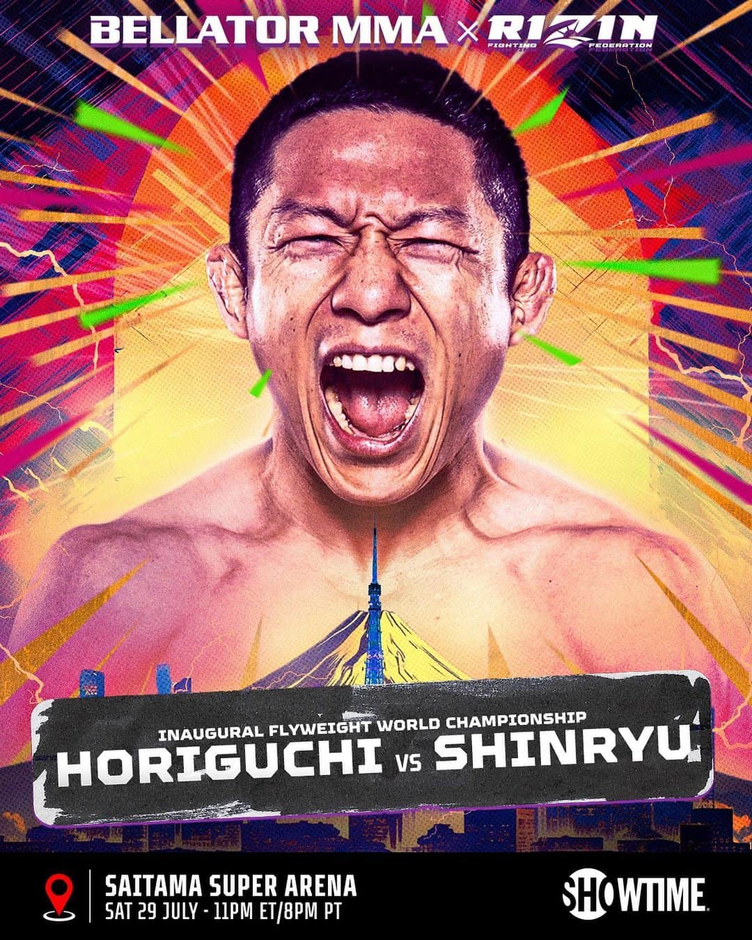 RIZIN FF OFFICIALのインスタグラム：「𝐂𝐨𝐦𝐢𝐧𝐠 𝐟𝐨𝐫 𝐭𝐡𝐚𝐭 𝐬𝐭𝐫𝐚𝐩! 🏆  The inaugural Bellator flyweight title is on the line NEXT SATURDAY at #BellatorXRizin. Are you 𝗧𝗲𝗮𝗺 𝗛𝗼𝗿𝗶𝗴𝘂𝗰𝗵𝗶 or 𝗧𝗲𝗮𝗺 𝗦𝗵𝗶𝗻𝗿𝘆𝘂? 🔥🇯🇵  Watch #BellatorXRizin at 11pm ET/8pm PT, July 29th live on @SHOsports 👊」