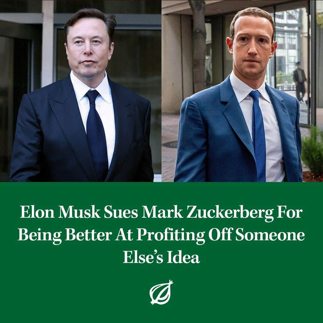 ジ・オニオンさんのインスタグラム写真 - (ジ・オニオンInstagram)「SAN FRANCISCO—Claiming the Meta CEO violated his intellectual property rights, Elon Musk filed a lawsuit against Mark Zuckerberg Friday for being better at profiting off someone else’s idea. “He clearly violated the law by copying my idea of taking another person’s idea, but making way more money off it than I would have,” said Musk.⁠ ⁠ ⁠ Visit link in bio for full story.」7月8日 3時34分 - theonion