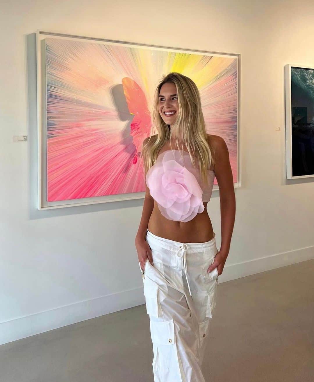 シンシア ローリーのインスタグラム：「Modern day Barbie 💖🦋 • • • The Organza Flower Bandeau & Kim Cargos are back by high demand !!」